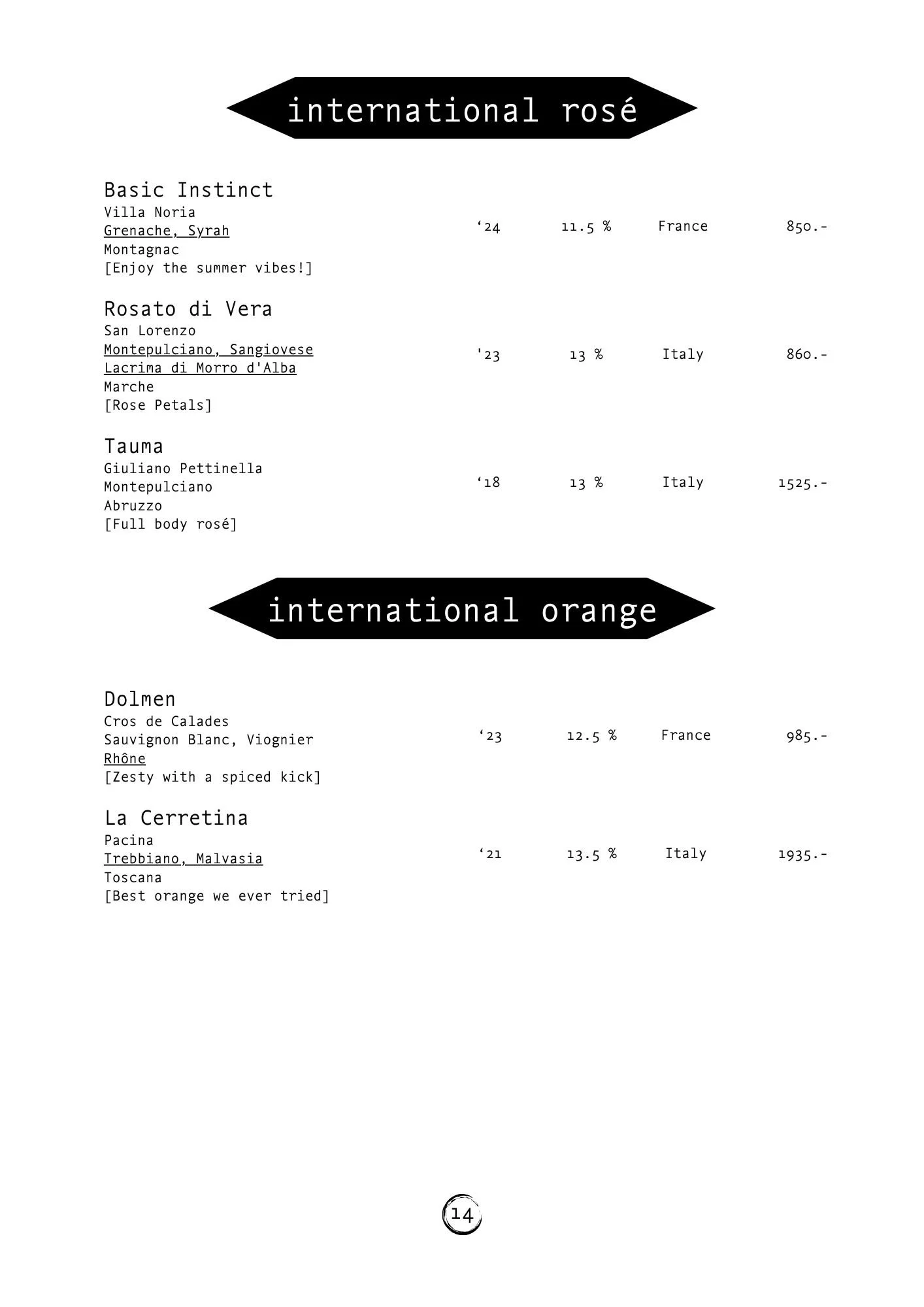 A wine menu listing different rosé wines from France and Italy, including details such as winery, grape variety, vintage, alcohol percentage, country, and price. It features options like Basic Instinct, Rosato di Vera, Tauma, Dolmen, and La Cerretina.