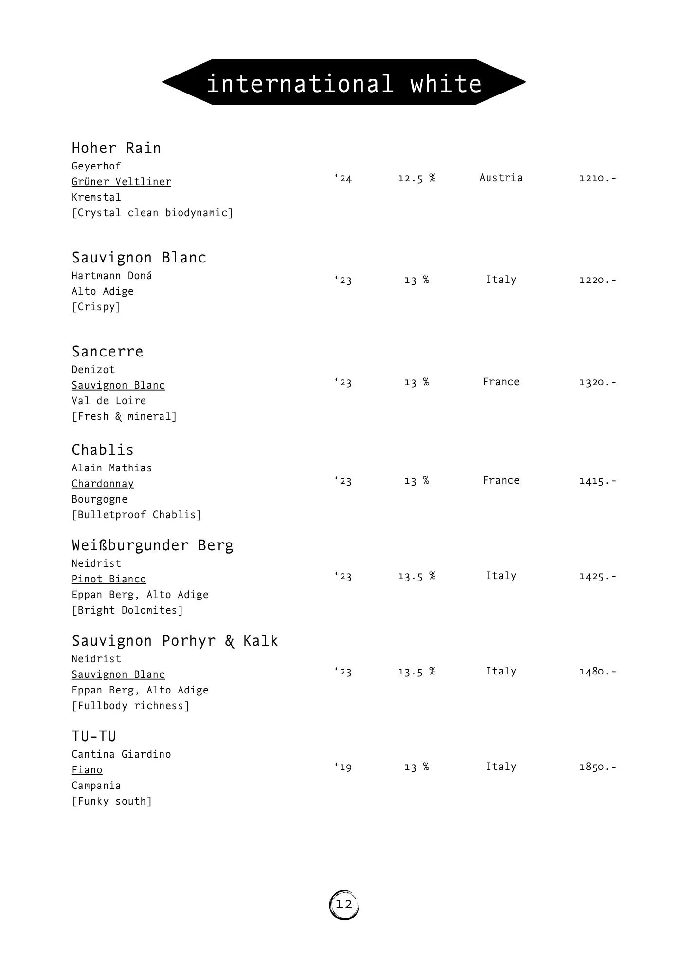 A wine list with the title 'international white' at the top, listing various white wines from different countries with their name, producer, vintage, alcohol percentage, region, price, and tasting notes.
