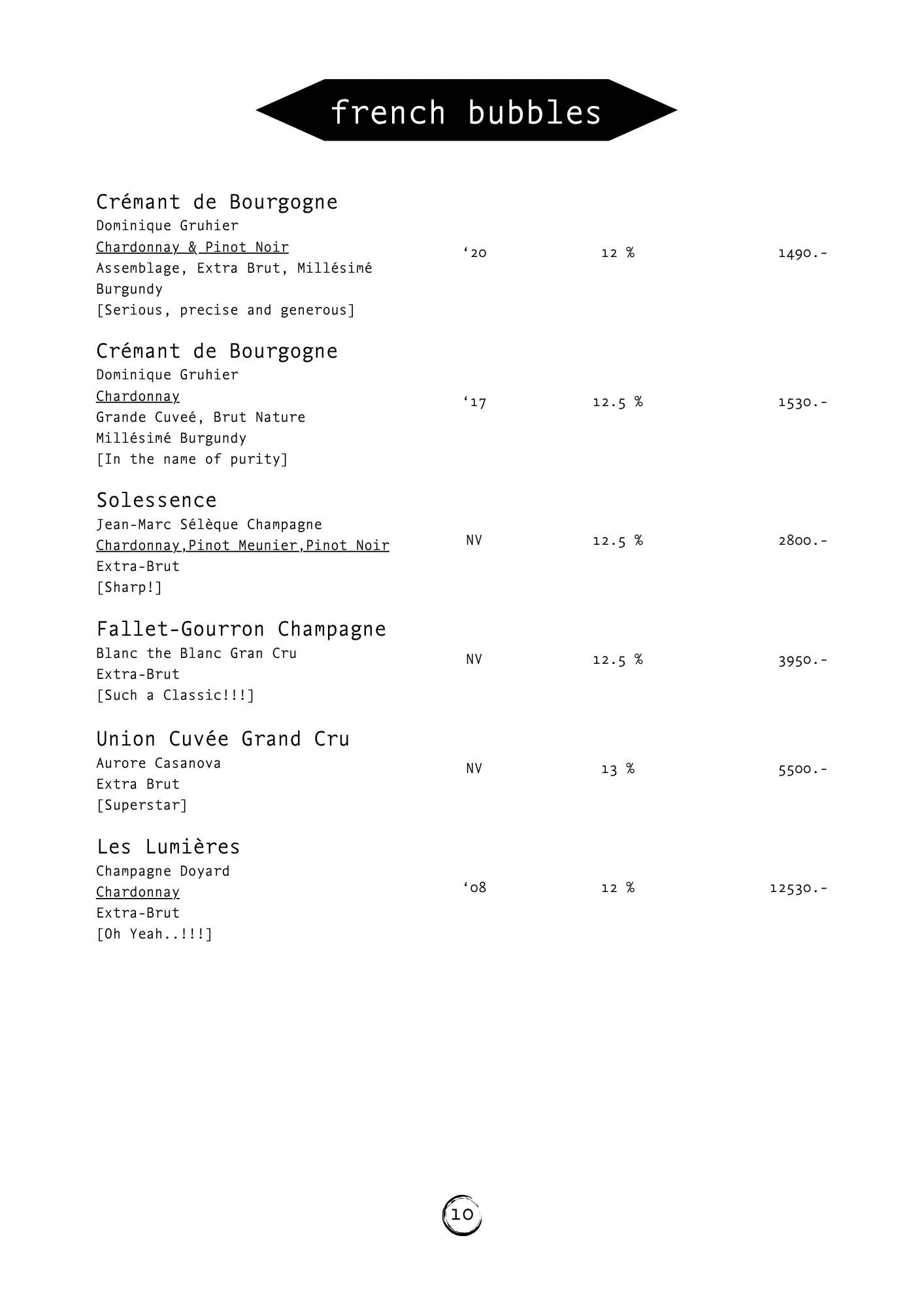 A menu or list of French bubbles wines with names, descriptions, and prices, including varieties such as Crémant de Bourgogne, Solessence, and Union Cuvée Grand Cru, with details about each wine.