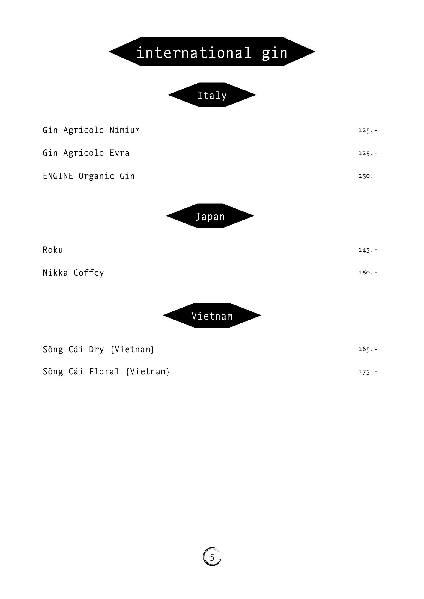 A menu page listing various gins and spirits from different countries, including Italy, Japan, and Vietnam. The menu has sections with black arrow-shaped headers, and prices are listed in local currency.