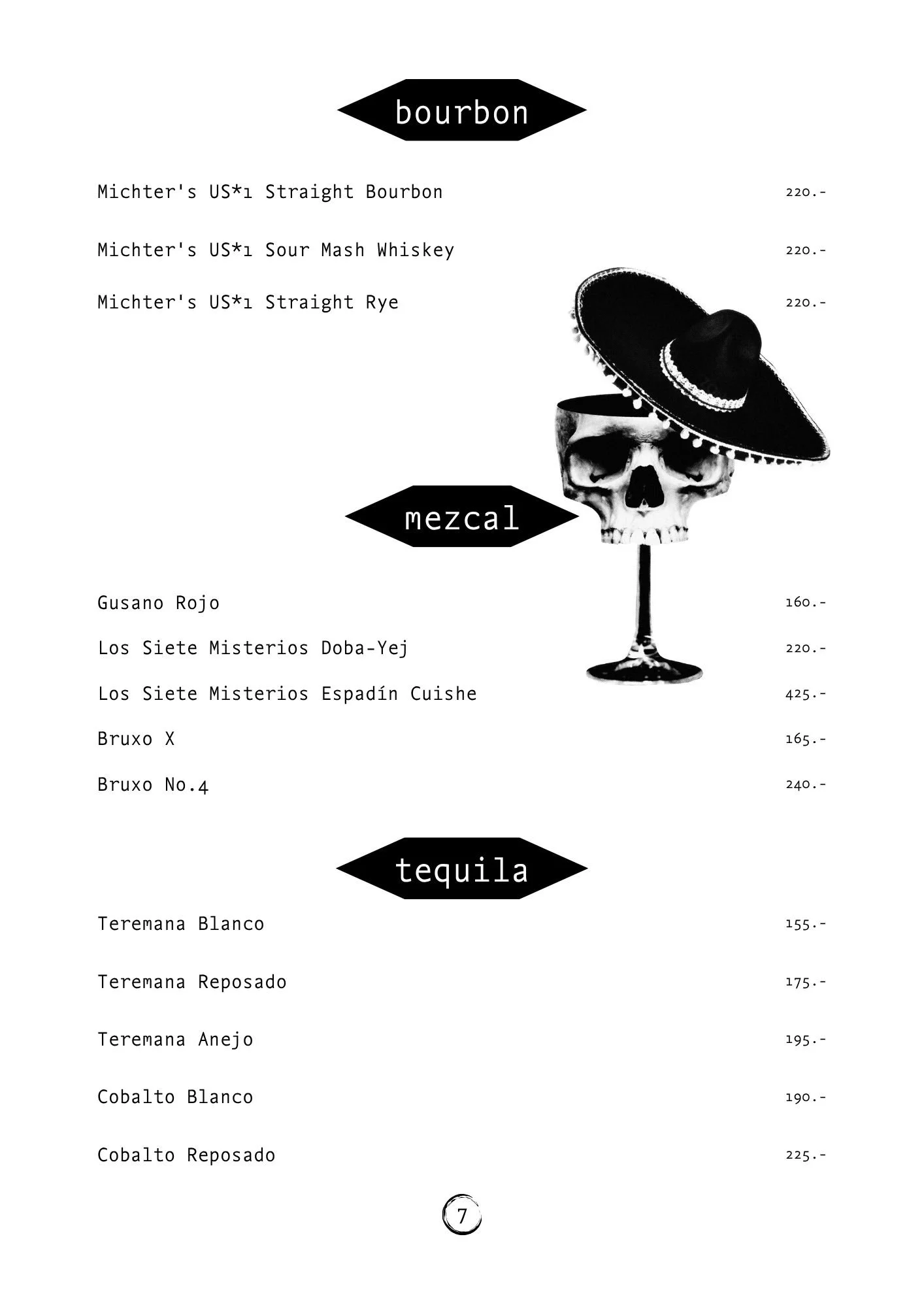 A menu featuring sections for bourbon, mezcal, and tequila, with a black and white skull wearing a sombrero on the right side.