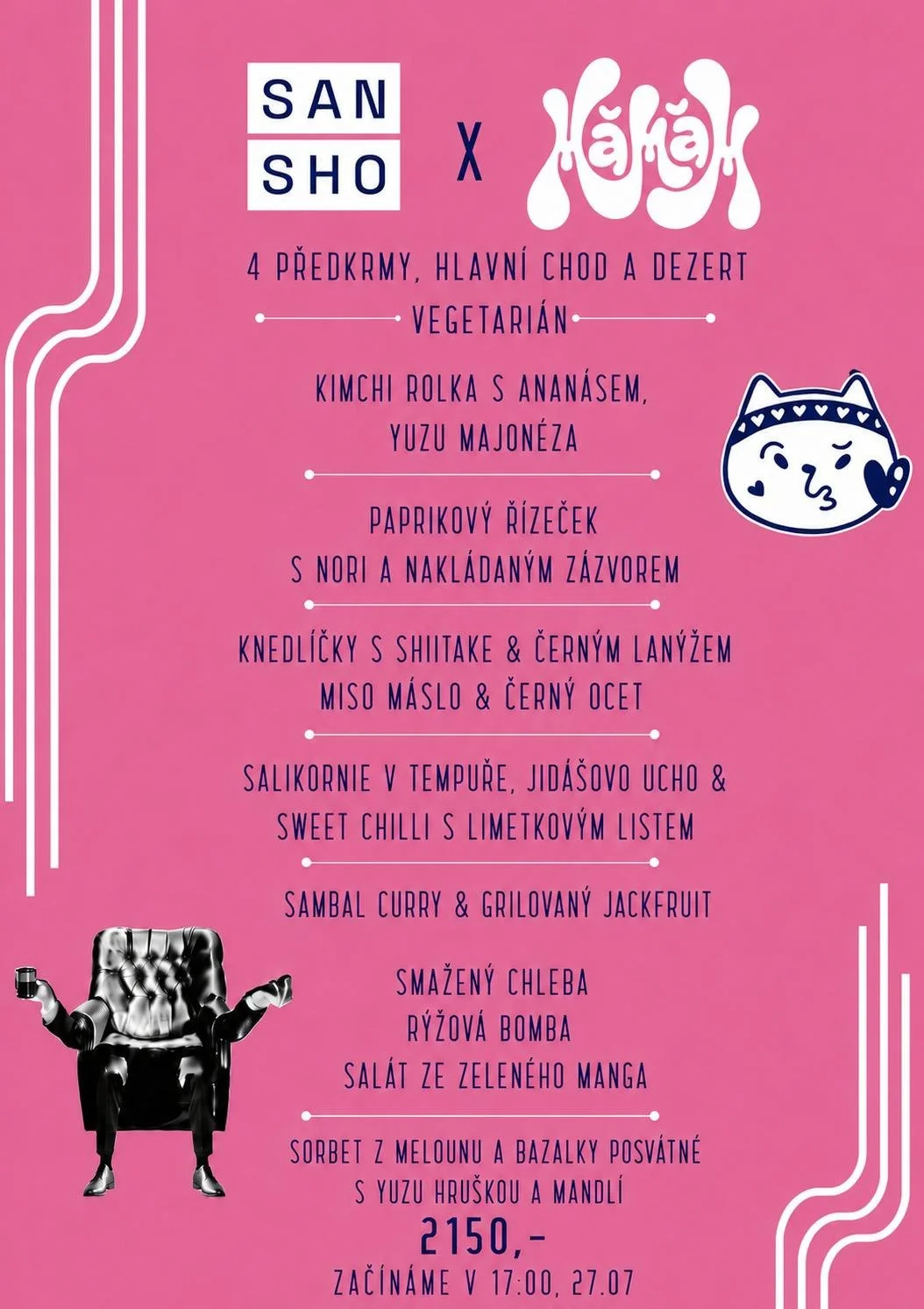Menu card on a pink background listing vegetarian dishes in Czech, with decorative lines and a small, doodle-style cartoon face of a cat wearing headphones.