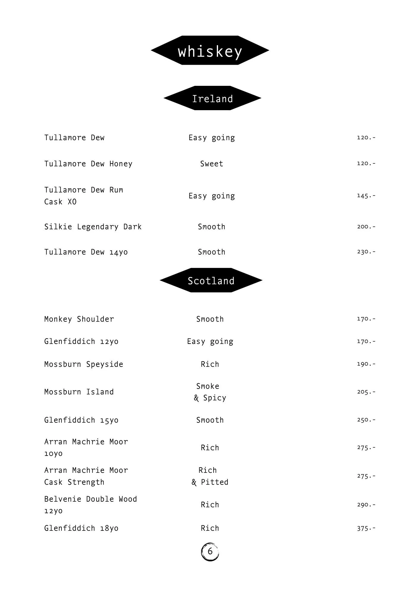 Wine list menu with different whiskey and scotch options, prices, and descriptions, divided into Ireland, Scotland, and general categories.