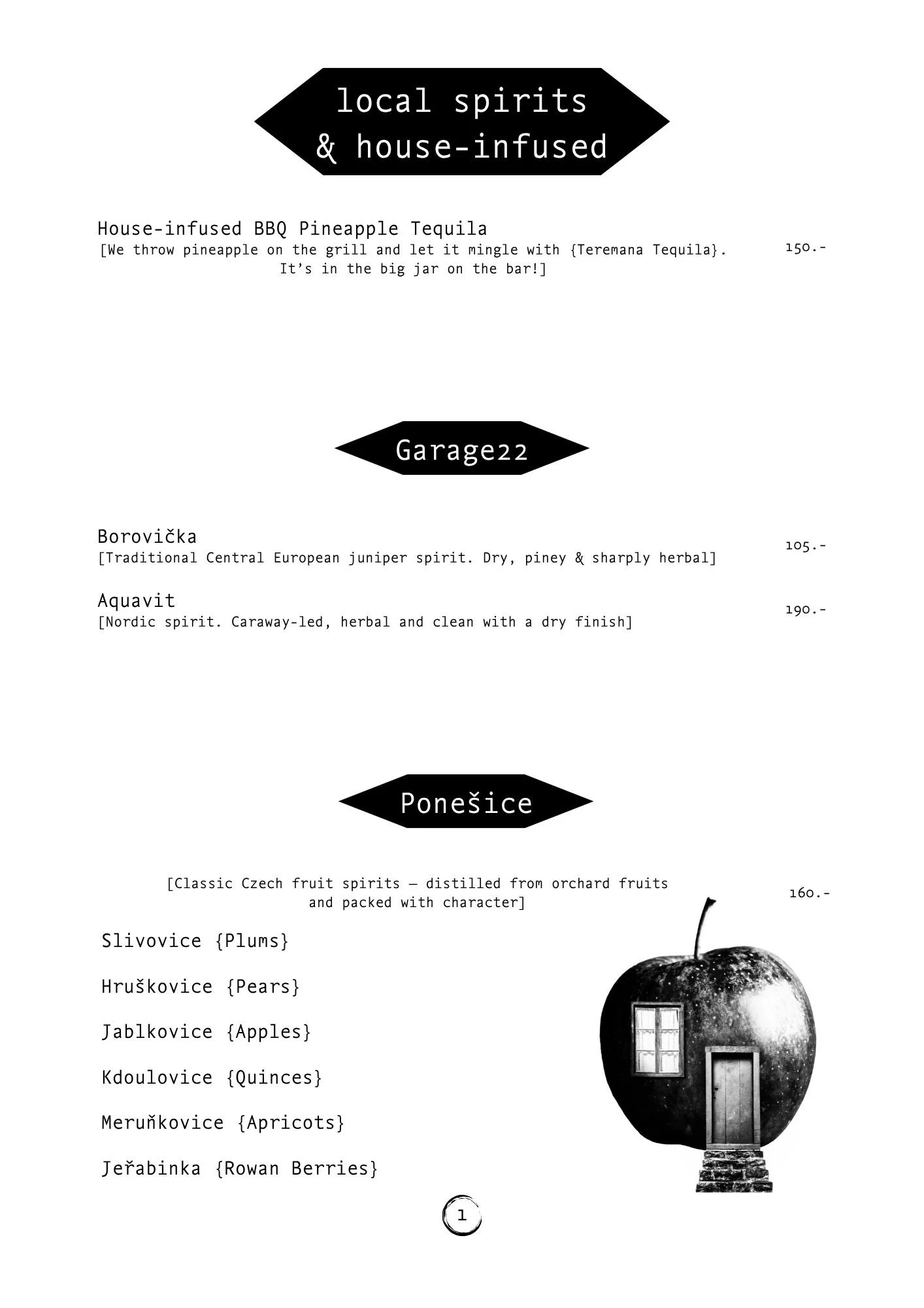 A menu featuring drinks and fruit spirits with descriptions in English and Czech, including a black and white illustration of an apple with windows as part of its design.