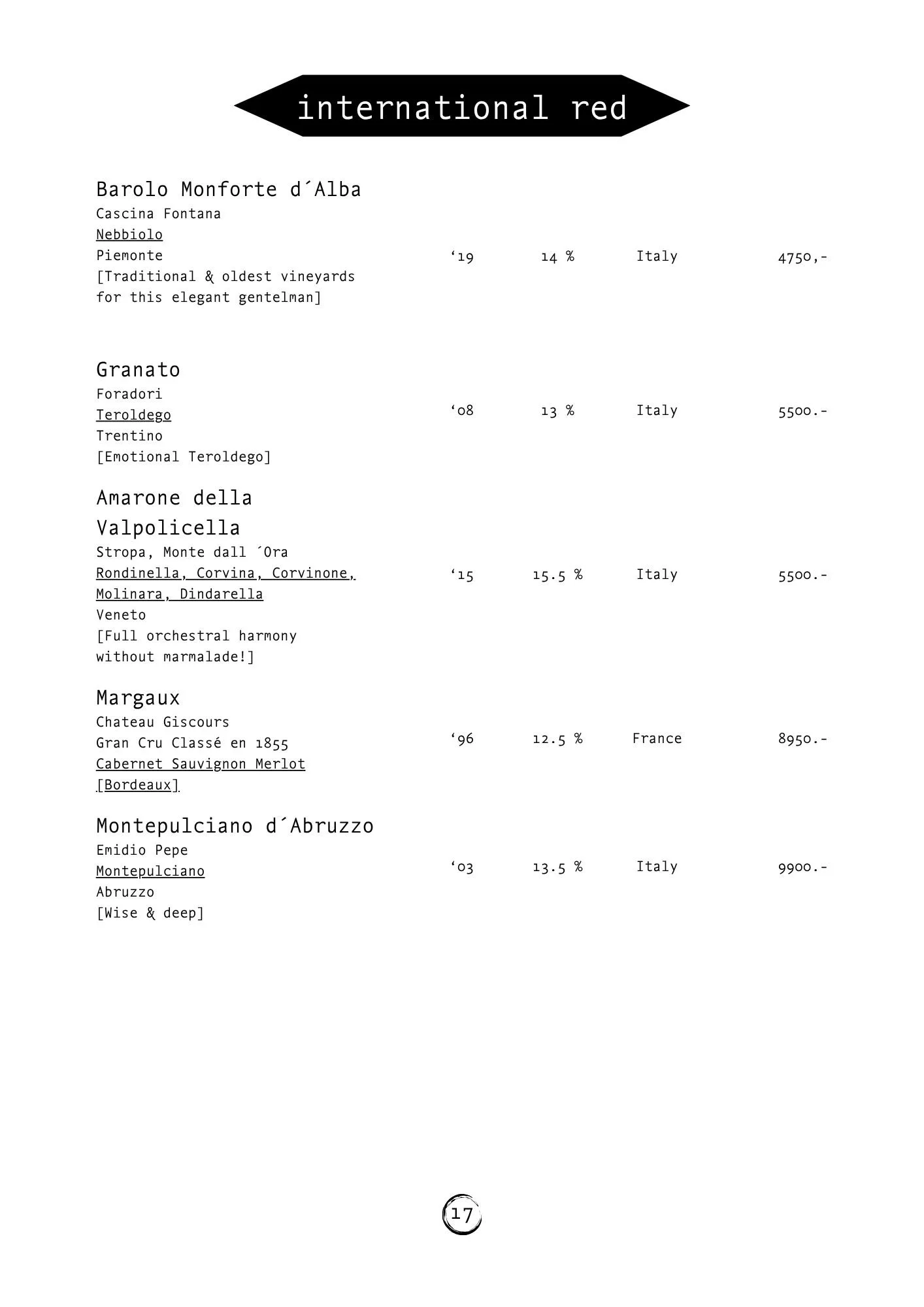 Wine list with various Italian wines, including Barolo Monforte d'Alba, Granato, Amarone della Valpolicella, Margaux, and Montepulciano d'Abruzzo, with their descriptions, alcohol percentages, countries, and prices.