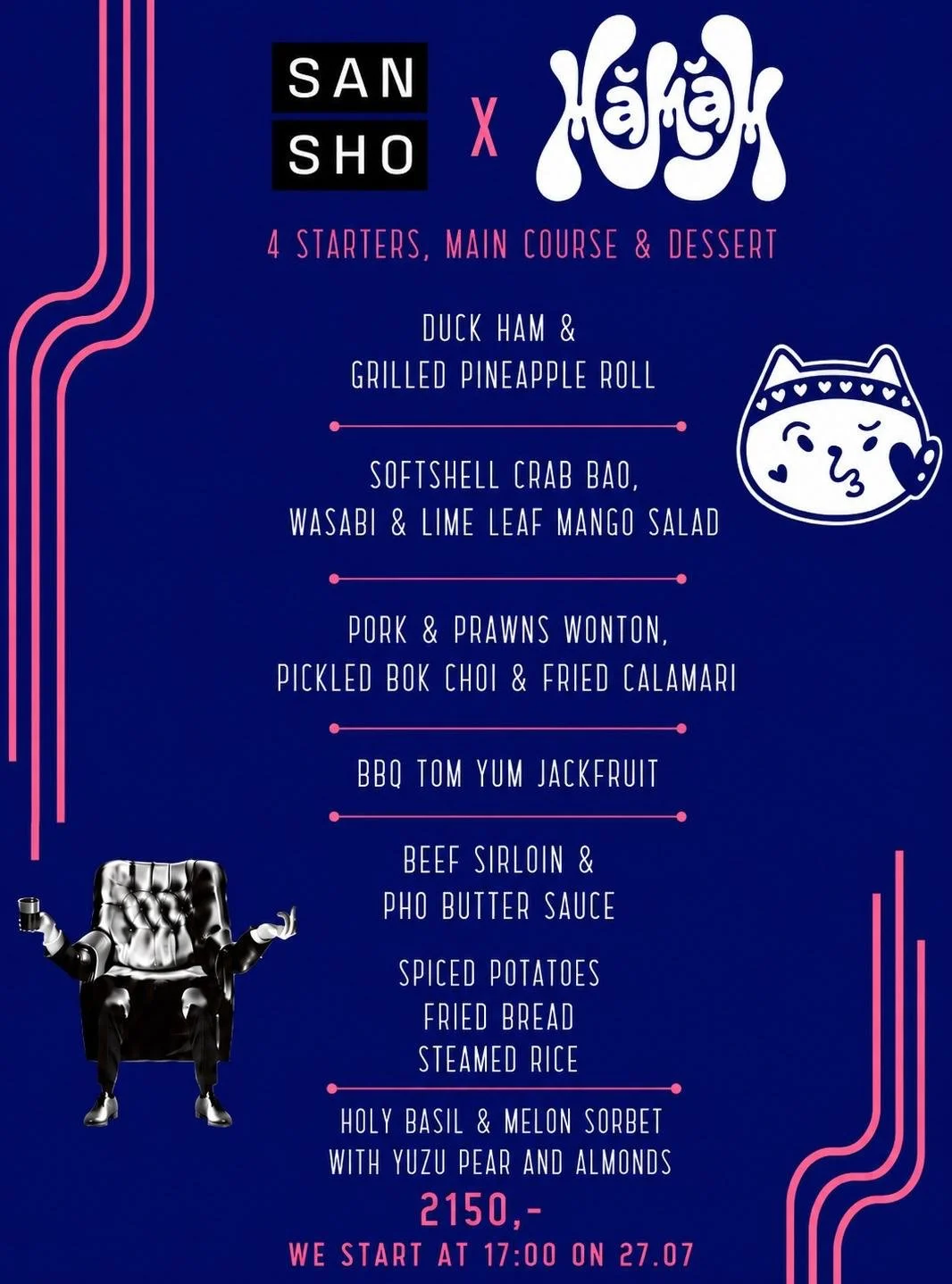 A restaurant menu featuring a seafood and meat dishes, with a graphic of a cartoon cat face and a black leather armchair. The menu includes items like duck ham, crab bao, pork and prawns wonton, BBQ tom yum jackfruit, beef sirloin, fried bread, and steamed rice, with prices and start time listed.