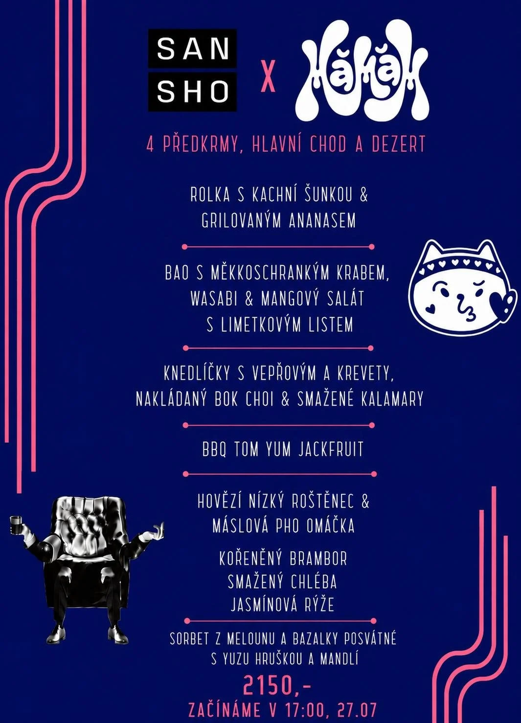 Event menu poster with dishes listed in Czech, featuring appetizers, main courses, and desserts, with colorful graphics and a cartoon cat illustration.