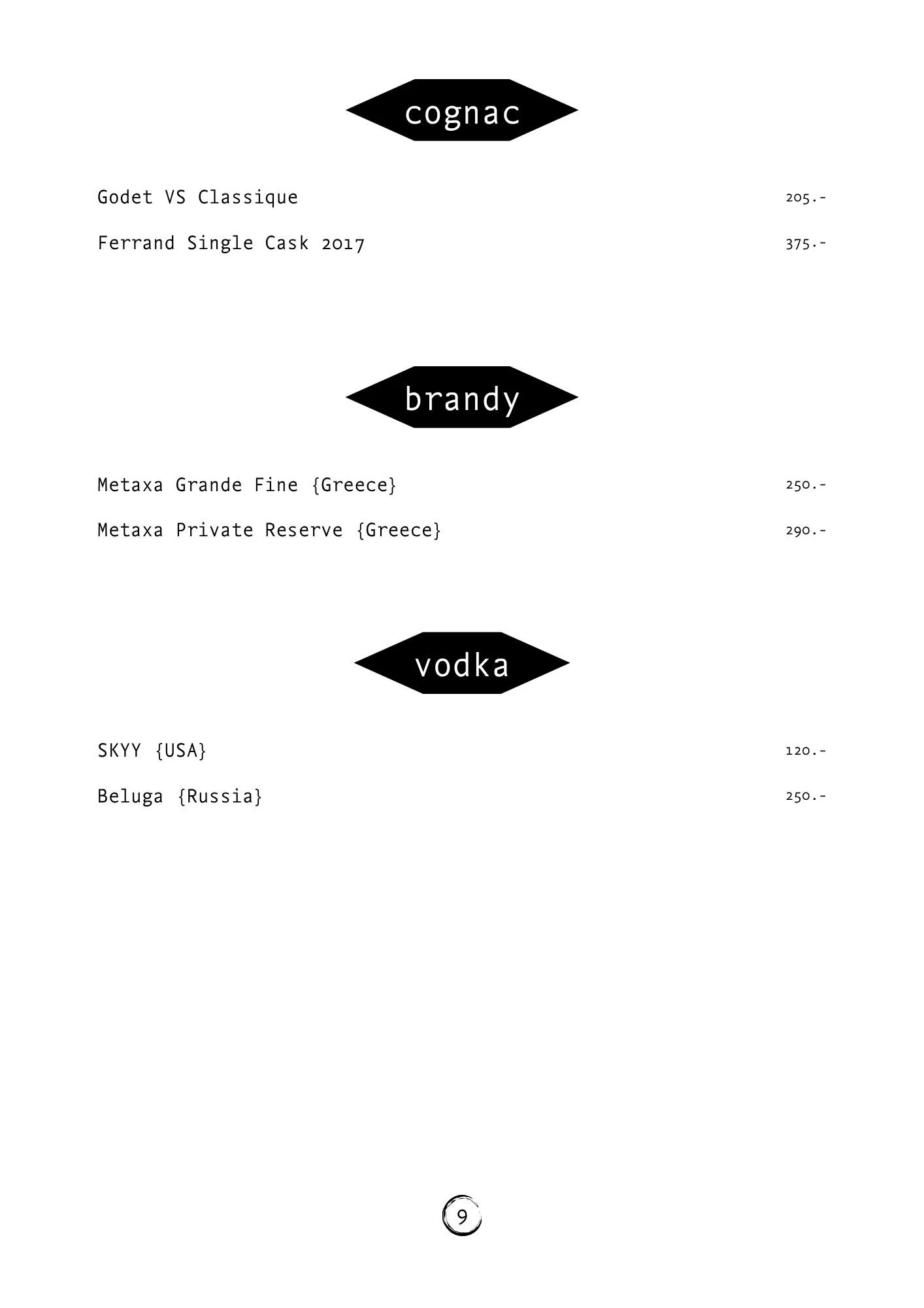 A menu list of alcoholic beverages divided into categories: 'cognac', 'brandy', and 'vodka'. Under cognac, it lists Godet VS Classique and Ferrand Single Cask 2017 with prices, and under brandy, it lists Metaxa Grande Fine from Greece and Metaxa Private Reserve from Greece with prices. Under vodka, it lists Skyy from USA and Beluga from Russia with prices. The menu has a minimalistic black and white design.