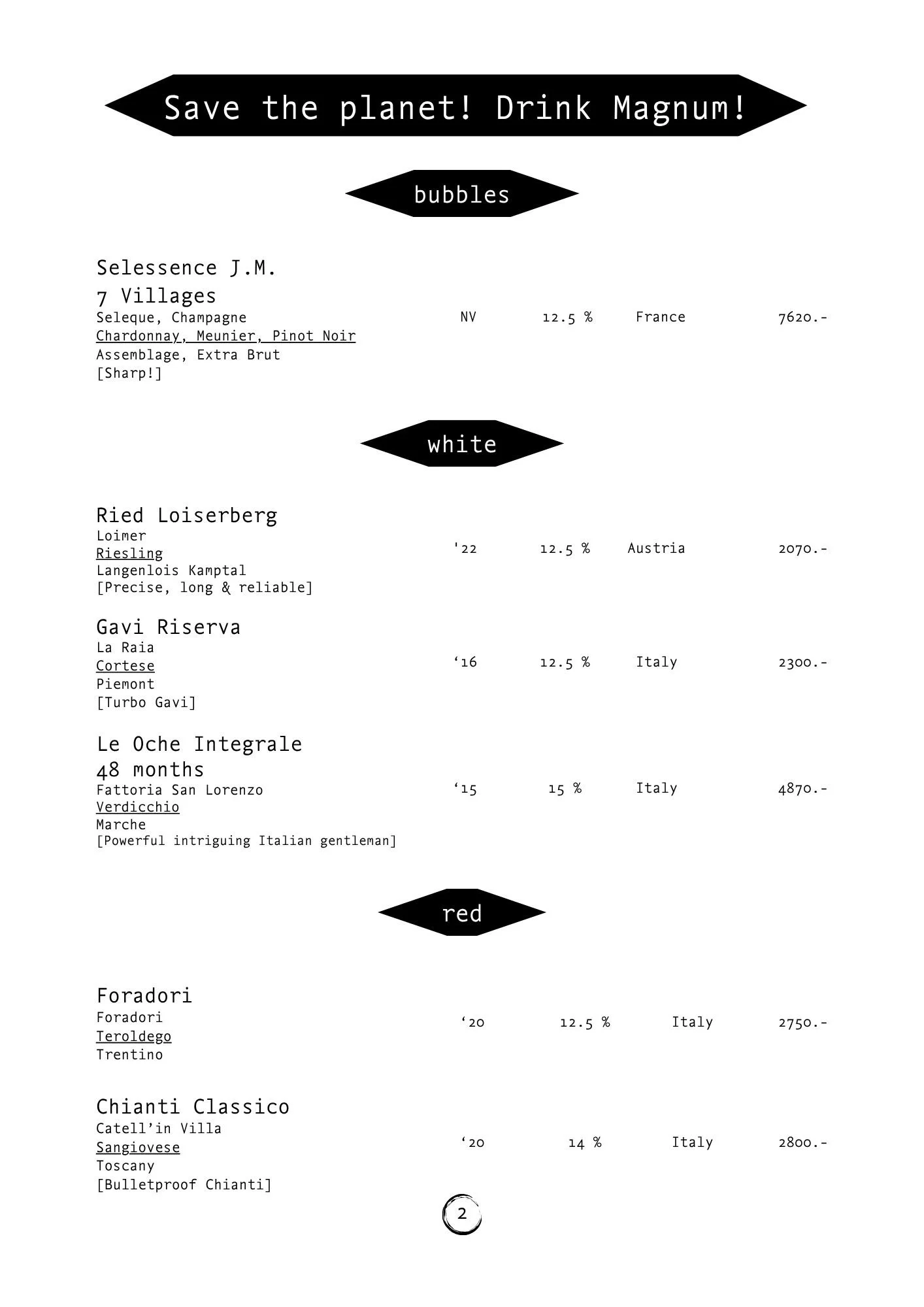 A wine menu with the heading 'Save the planet! Drink Magnum!' in black labels. The menu lists various wines from different regions, including Champagne, Austria, Italy, and Tuscany, with details about their vintage, alcohol percentage, and price. The menu pages feature a minimalist design with black and white color scheme.