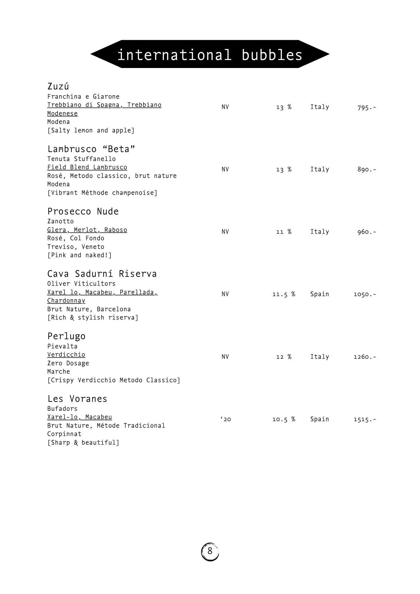 A black and white page featuring a list of wines with their descriptions, origins, and prices, titled 'international bubbles'.