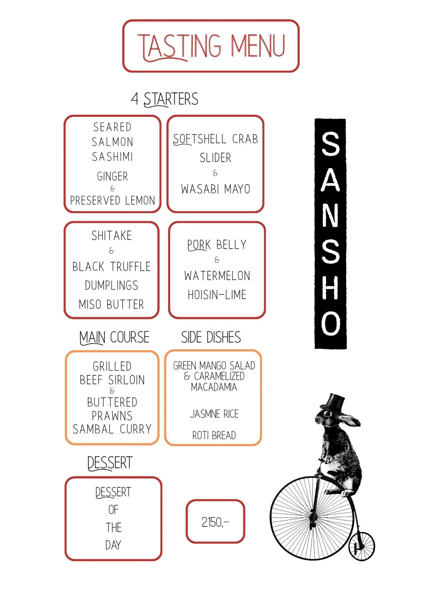 Simplified menu for a tasting event featuring starters, main course, side dishes, and desserts, with a dog riding a vintage bicycle, wearing a black top hat.