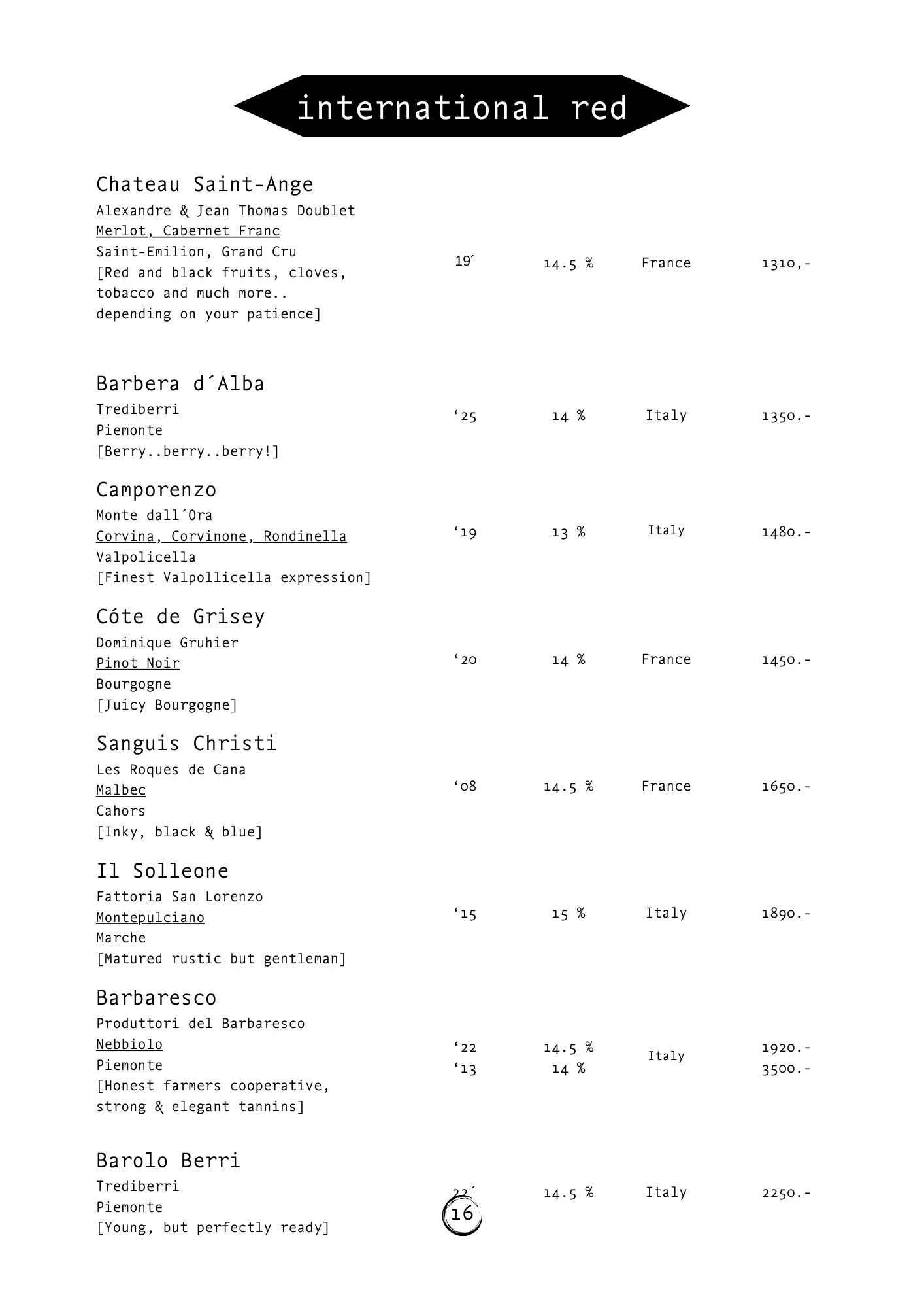 A wine list menu labeled 'international red' featuring various Italian and French red wines with details such as vintage, alcohol percentage, country of origin, and price.