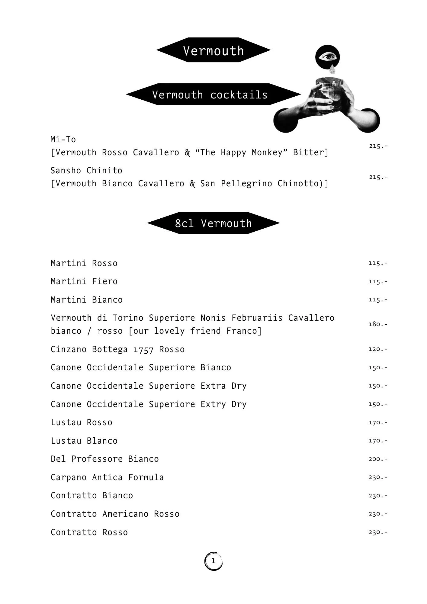 Menu page featuring vermouth and vermouth cocktails with names and prices listed in Italian currency, and a stylized black and white graphic of a person pouring a drink with an eye and tear drop above their hand.