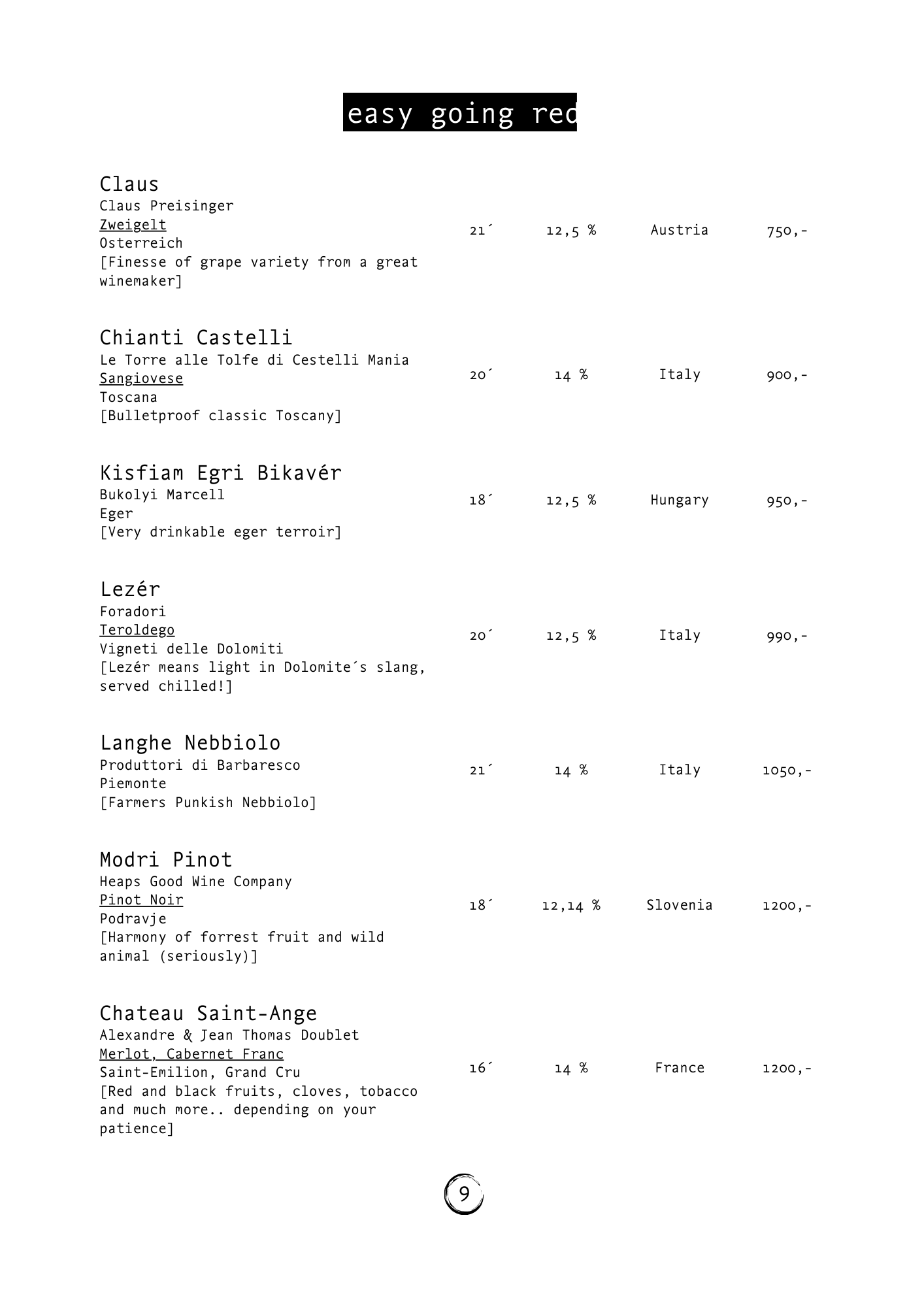 Wine list — SANSHO