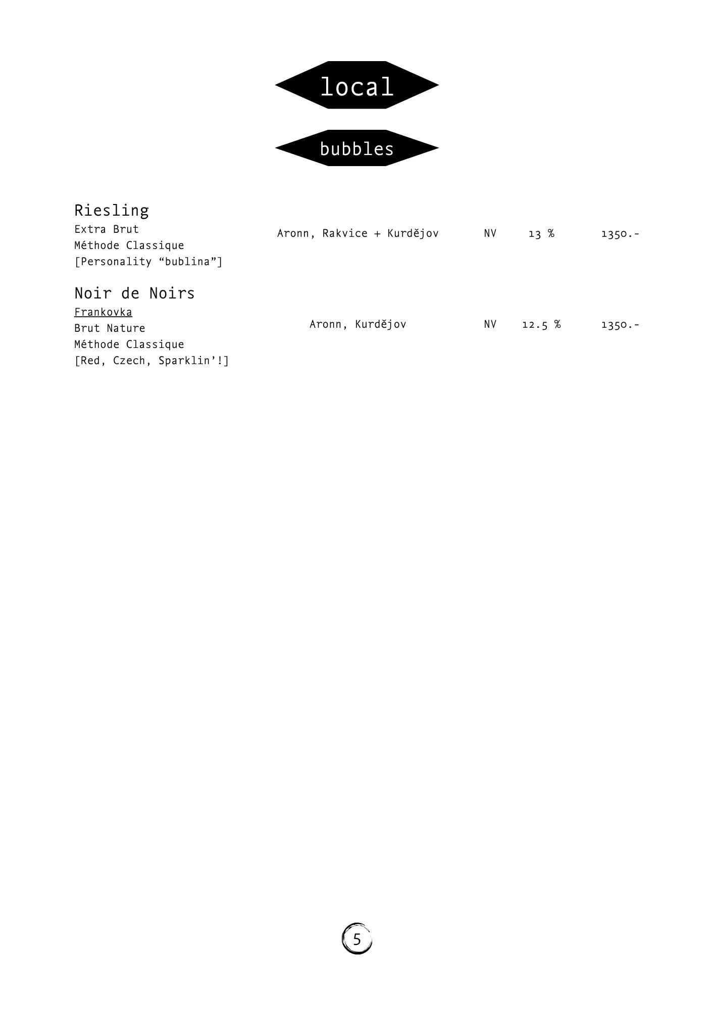 A menu featuring local bubbles wine selections, including Riesling and Noir de Noirs, with details about the wine types, producers, alcohol content, and pricing.