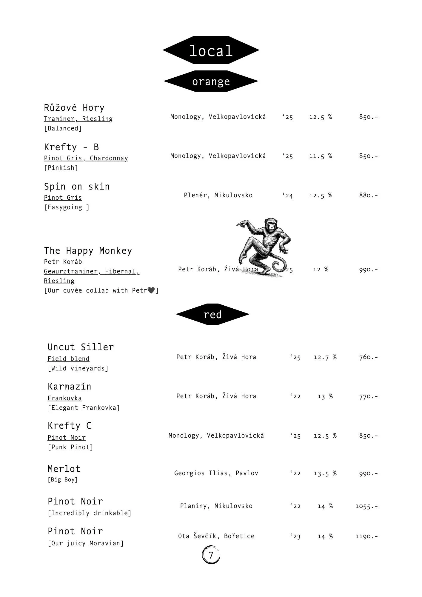 A black-and-white wine menu with wine names, descriptions, and prices in Czech language. It features a playful illustration of a monkey and has decorative elements with word labels like 'local', 'orange', and 'red'.