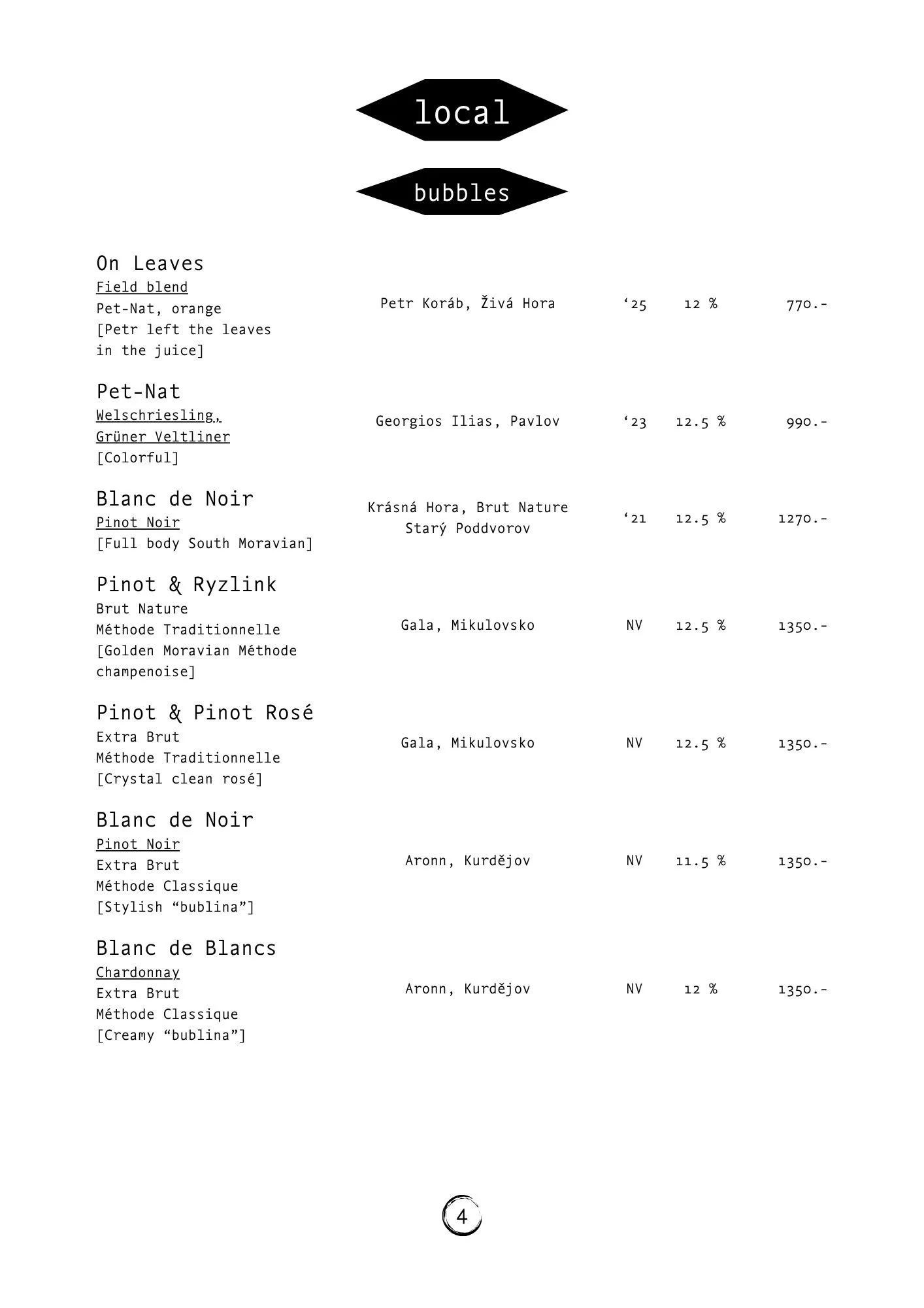 A wine menu featuring various wines with their names, regions, types, descriptions, alcohol percentages, and prices, with a decorative '4' at the bottom.