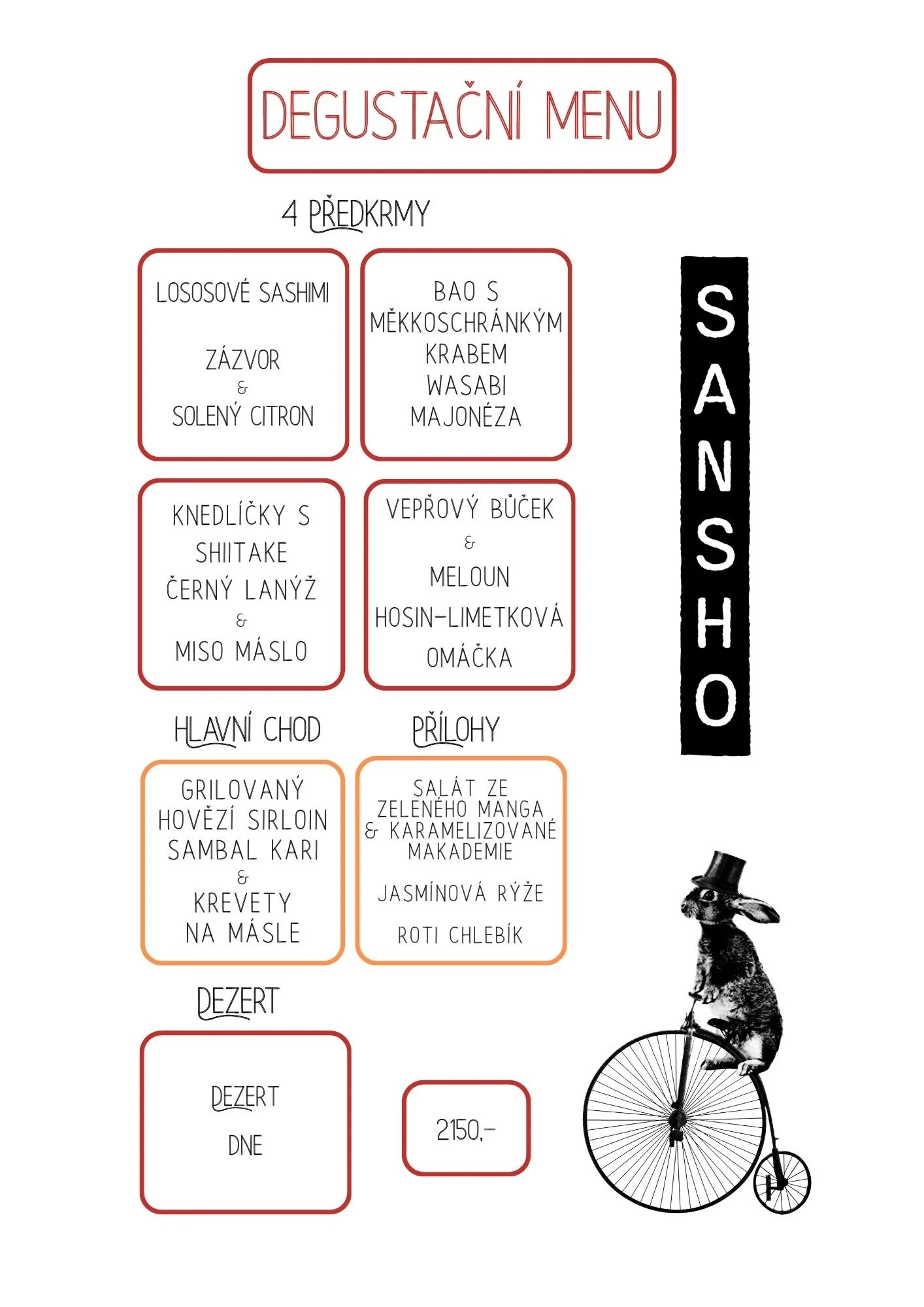 A tasting menu written in Czech, divided into sections for appetizers, main courses, desserts, and drinks, with a black and white illustration of a dog riding a penny-farthing bicycle.