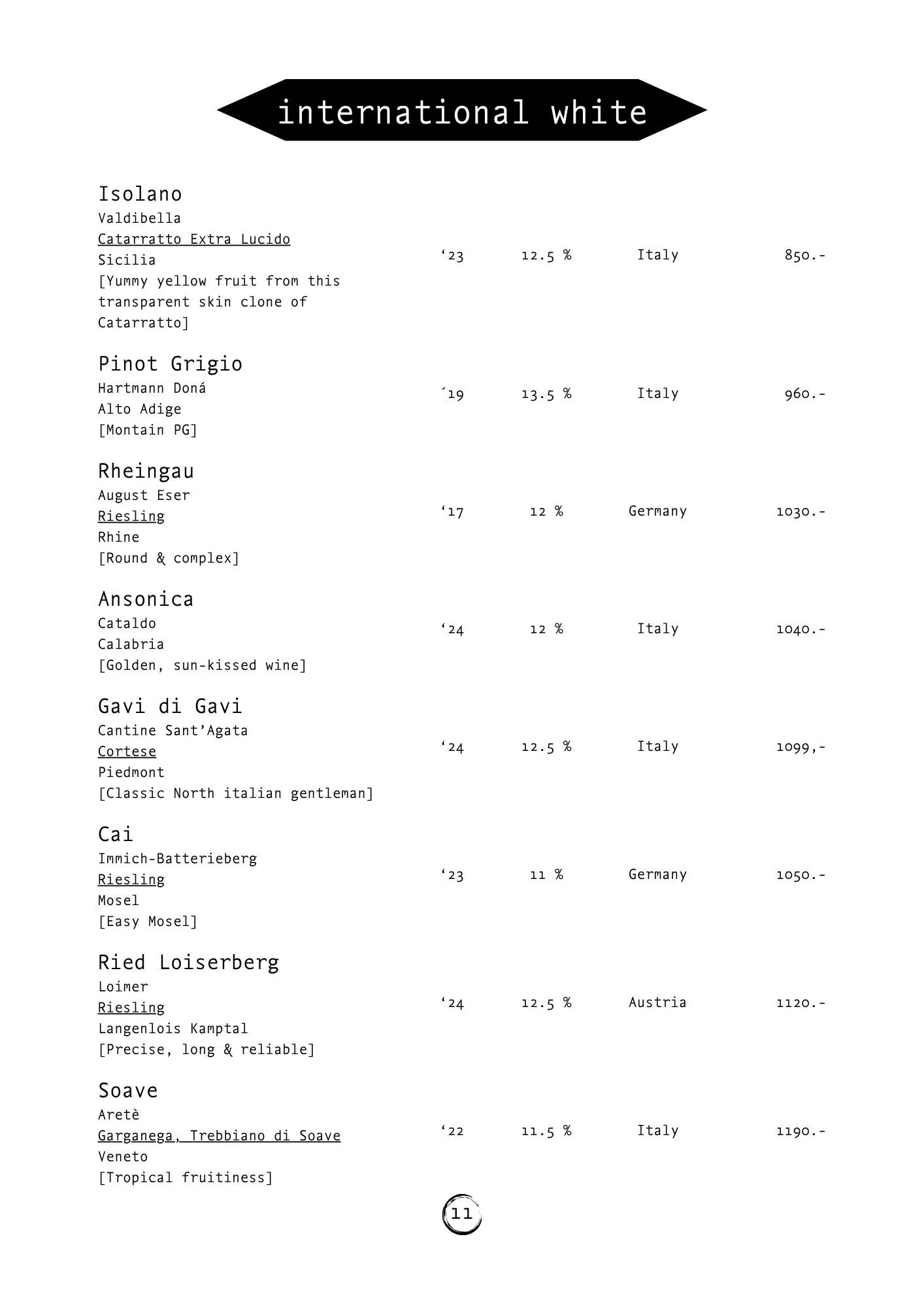 A wine list titled 'international white' featuring different wines from Italy, Germany, Austria, and Italy with their names, regions, prices, alcohol percentages, and descriptions.