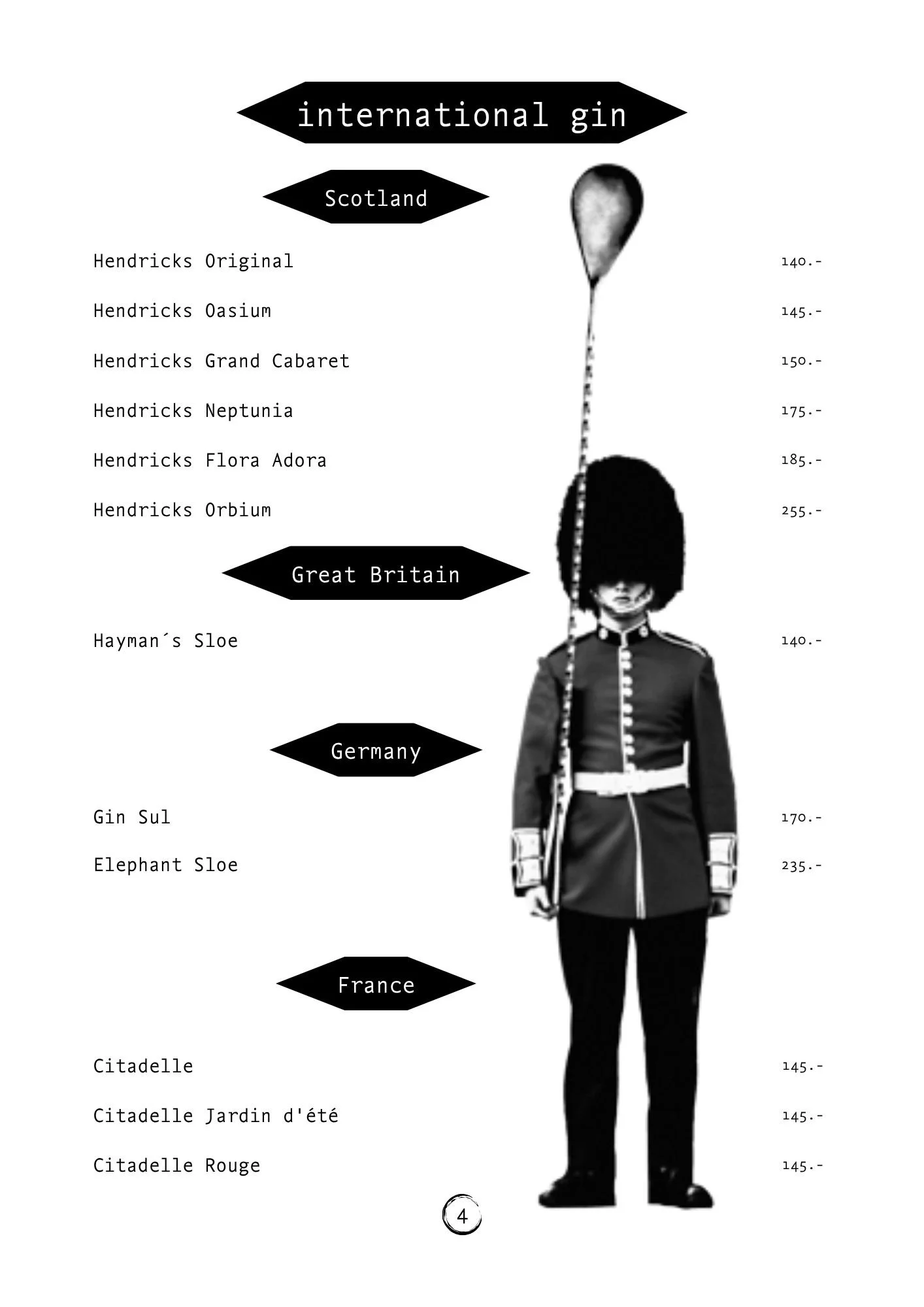 A black and white illustrated menu with soccer referee standing in front of it, listing international gins from Scotland, Great Britain, France, and Citadel brands, each with prices in local currency.