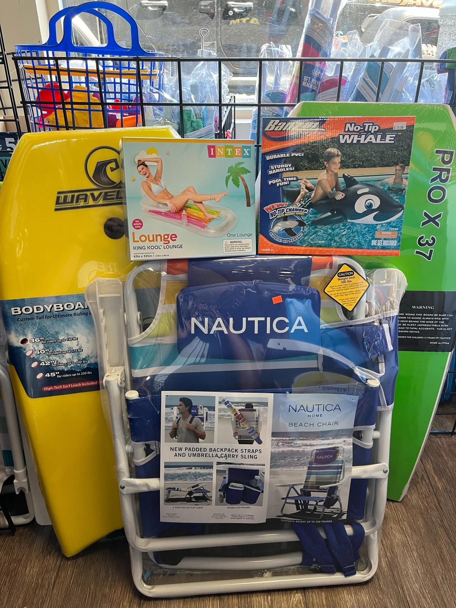 Beach chairs, bodyboards and inflatable beach toys at Sammy's Market