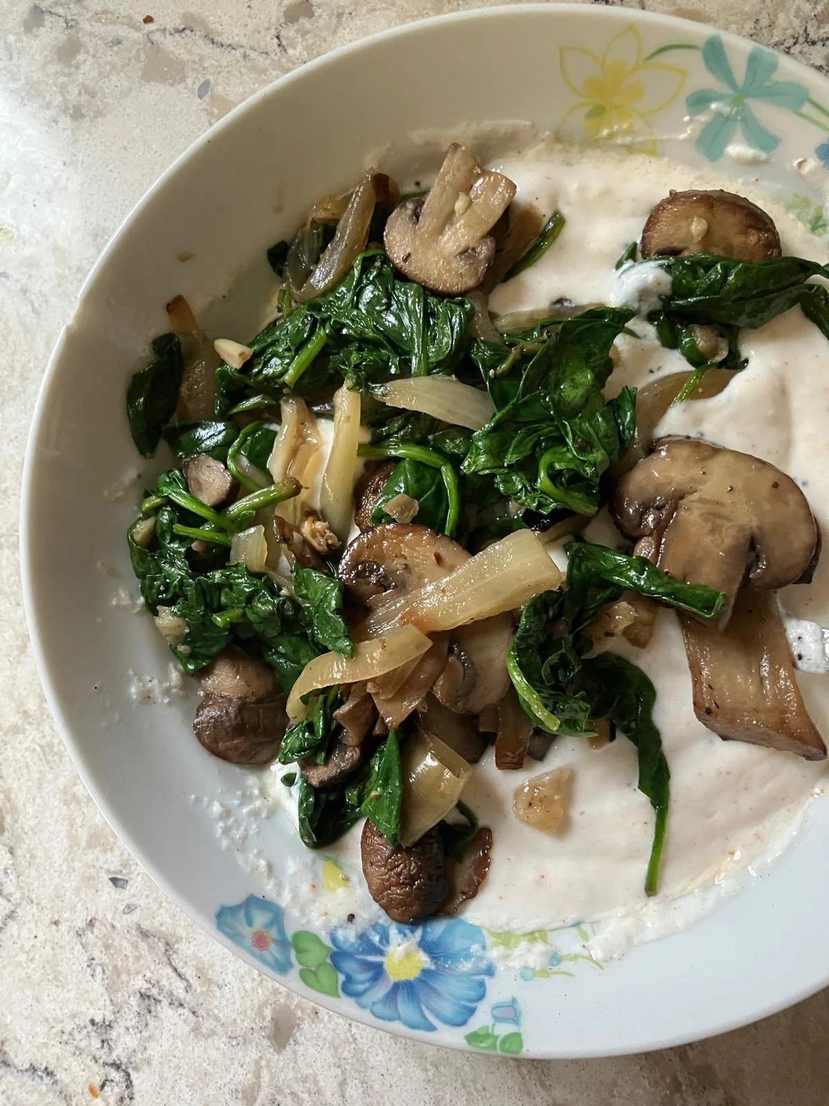 Savory Cottage Cheese Bowl with Garlic Spinach and Roasted Mushrooms