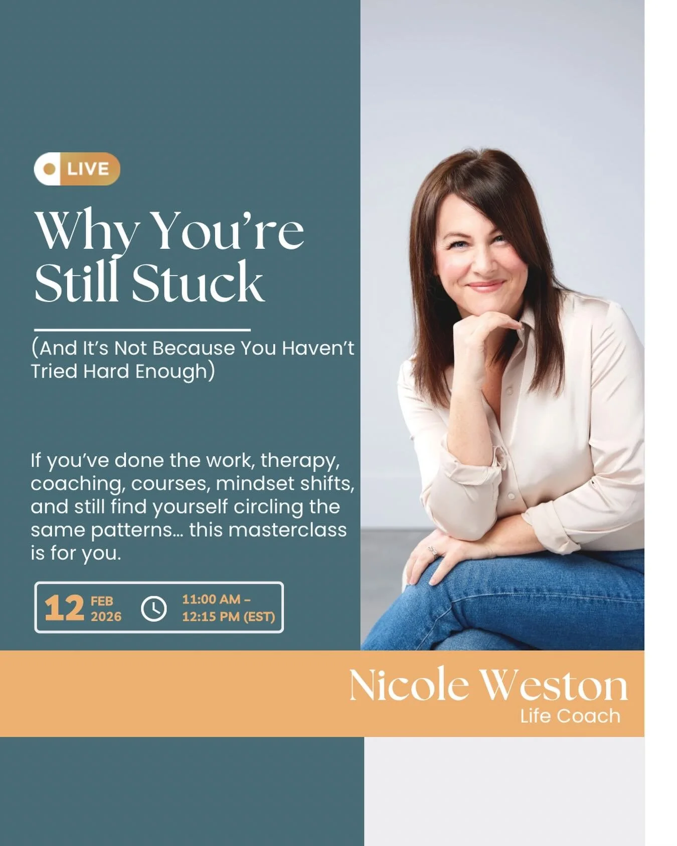 Imagine a life with more ease, self-trust, and choice.

That&rsquo;s what&rsquo;s possible when you stop managing your old patterns and actually resolve them.

In the free masterclass, Why You&rsquo;re Still Stuck (And It&rsquo;s Not Because You Have