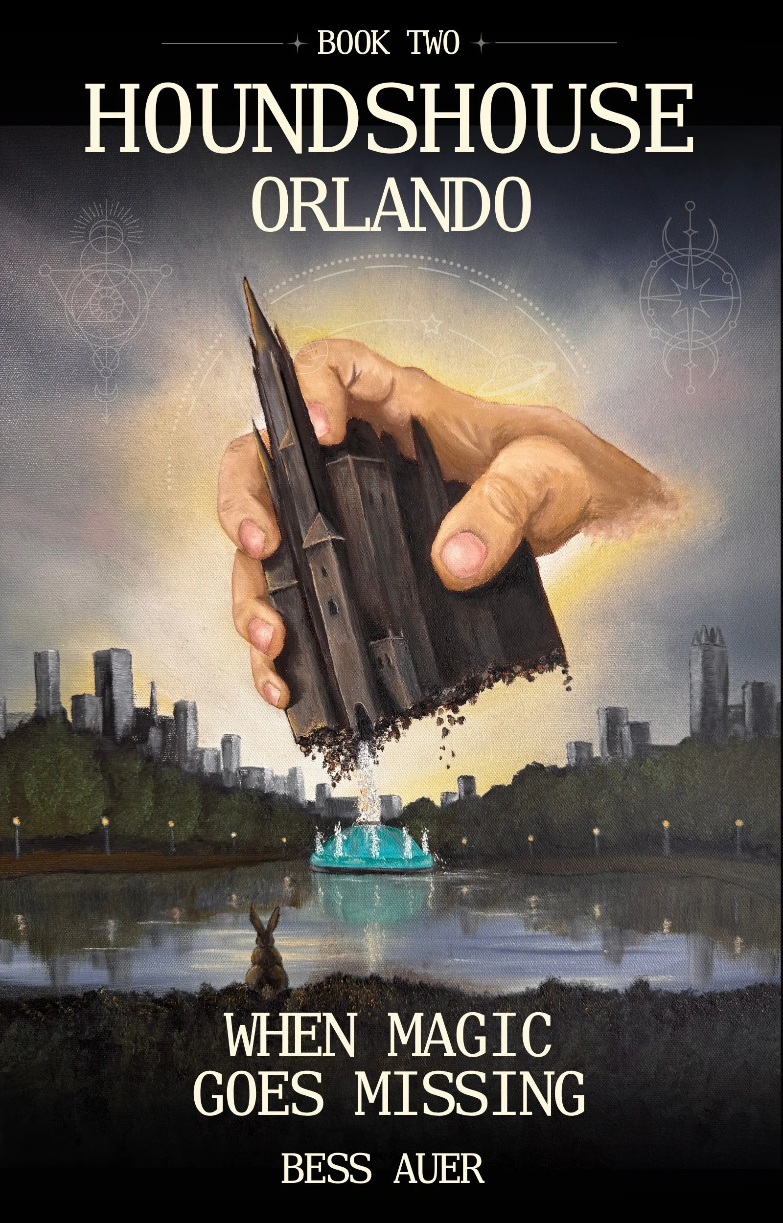 image shows the cover of when magic goes missing. it shows a mysterious giant hand stealing a castle, lifting it from the ground by Lake Eola