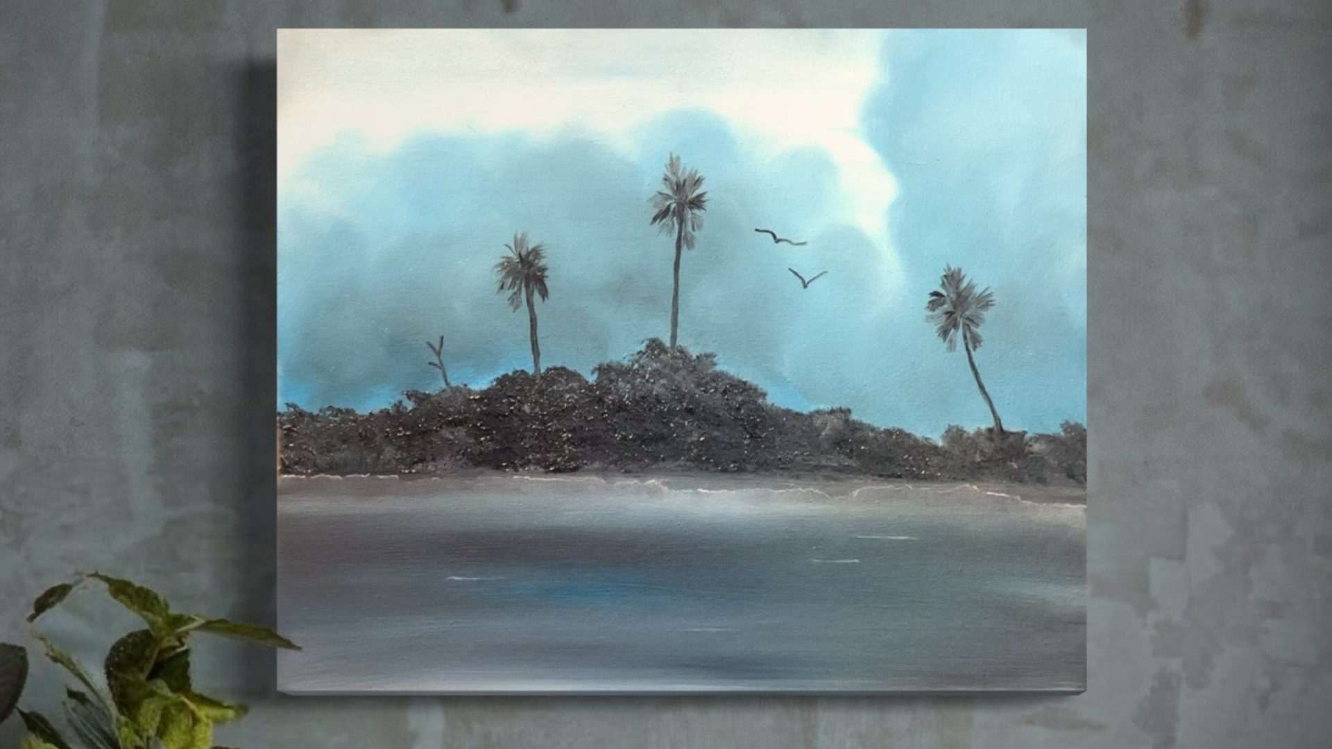 image shows a painting of palm trees