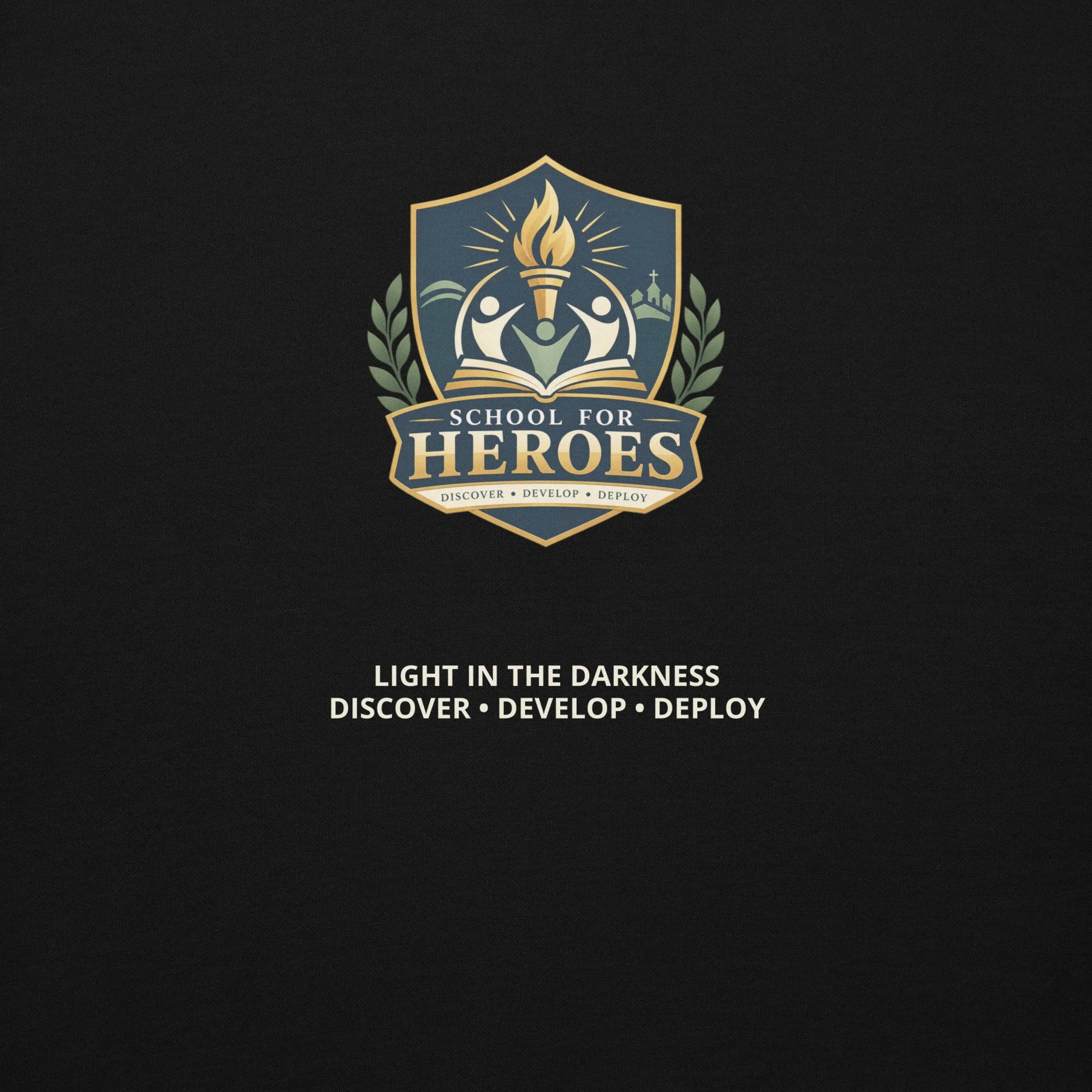 Person wearing School for Heroes Training Hoodie showing Light in the Darkness back design