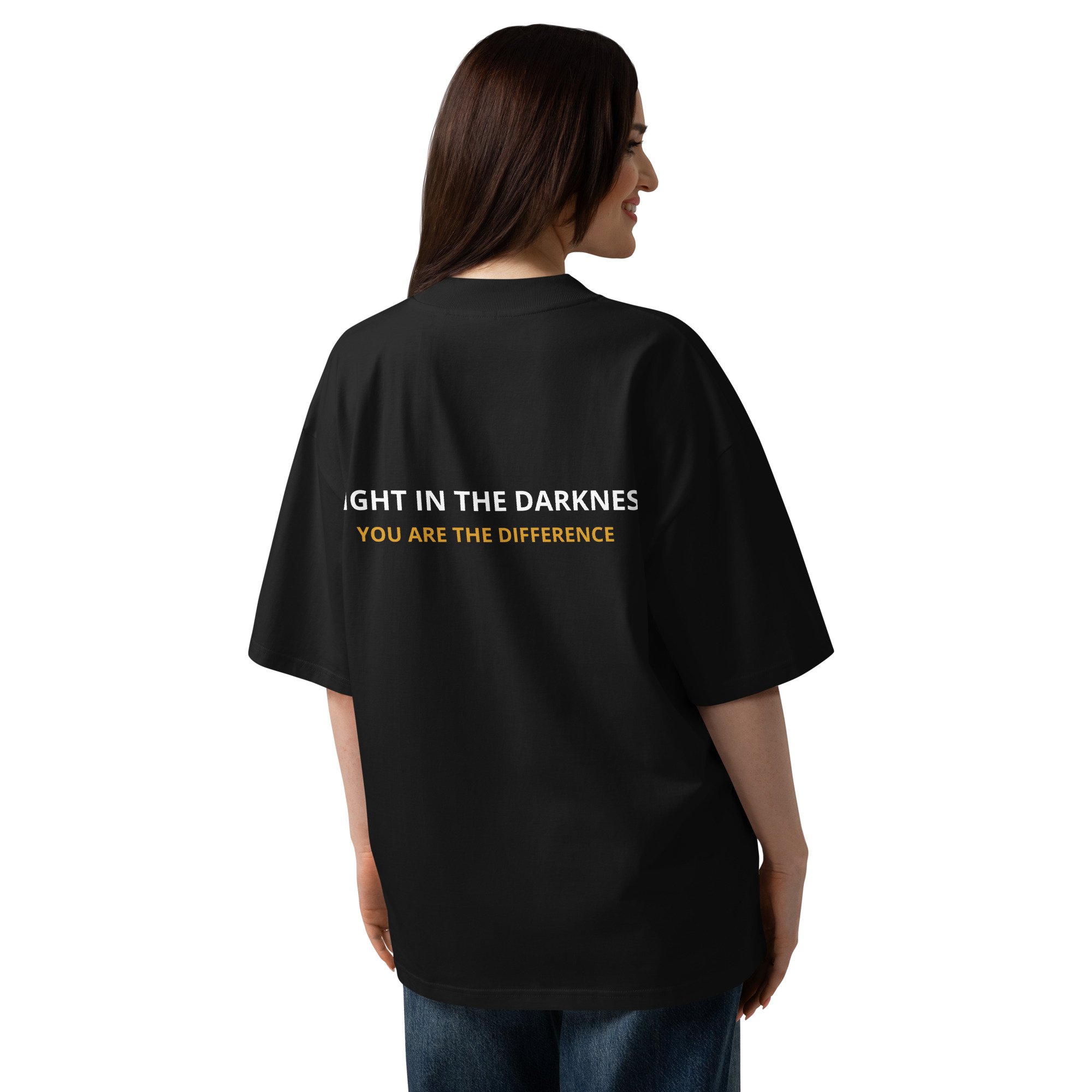 Black oversized Supernatural School T-shirt with Light in the Darkness and You Are the Difference design.