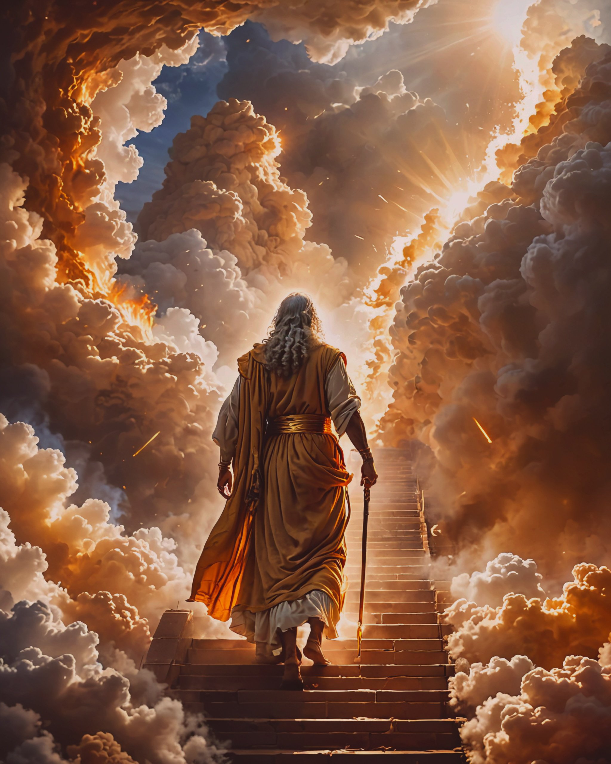 A figure with long hair and beard, wearing a robe, walks up a stone staircase surrounded by dramatic, illuminated clouds with radiant light above.