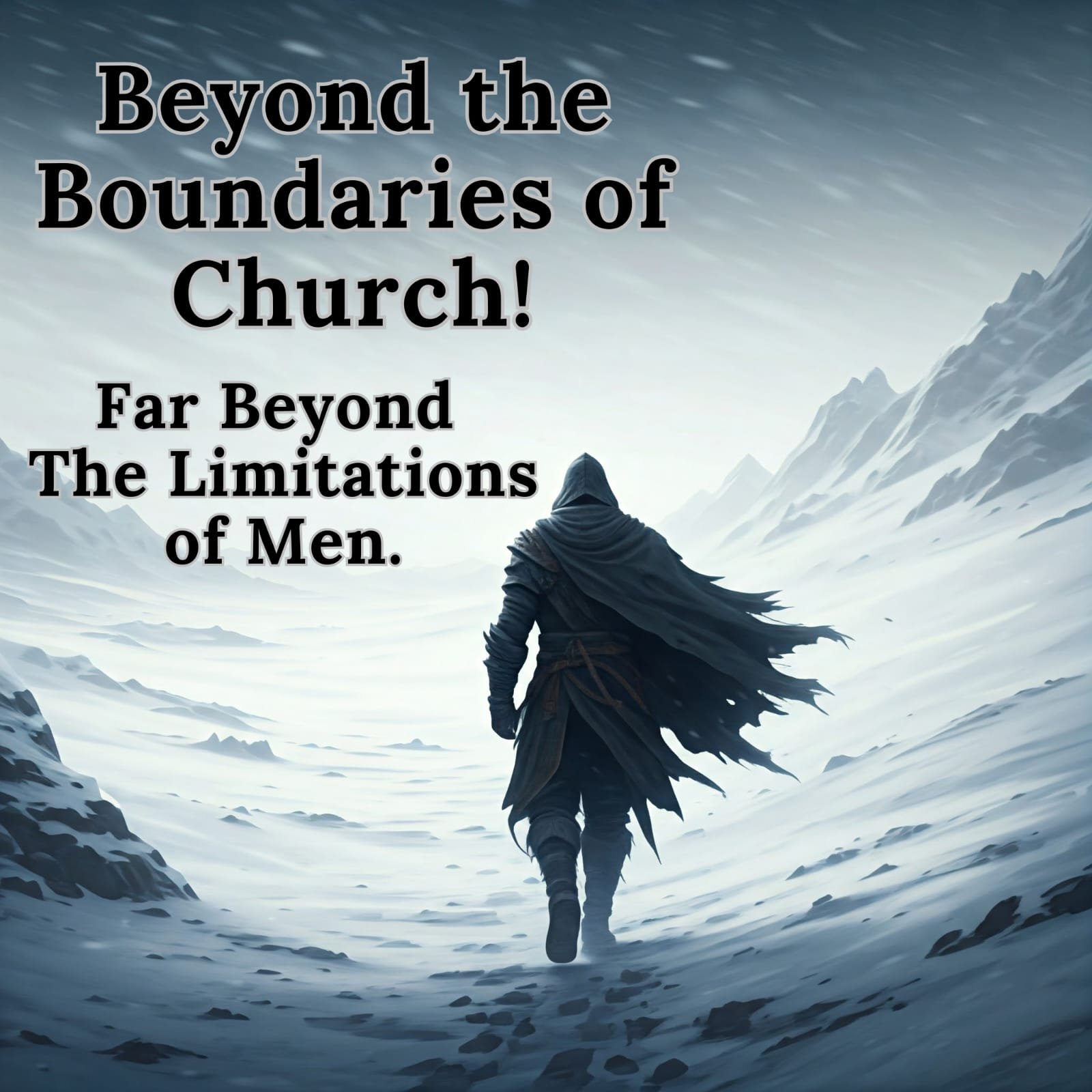 Hooded figure walking in snowy landscape with text: 'Beyond the Boundaries of Church! Far Beyond the Limitations of Men.'"
