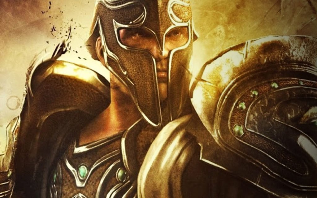 Epic fantasy-style armored warrior holding a large shield