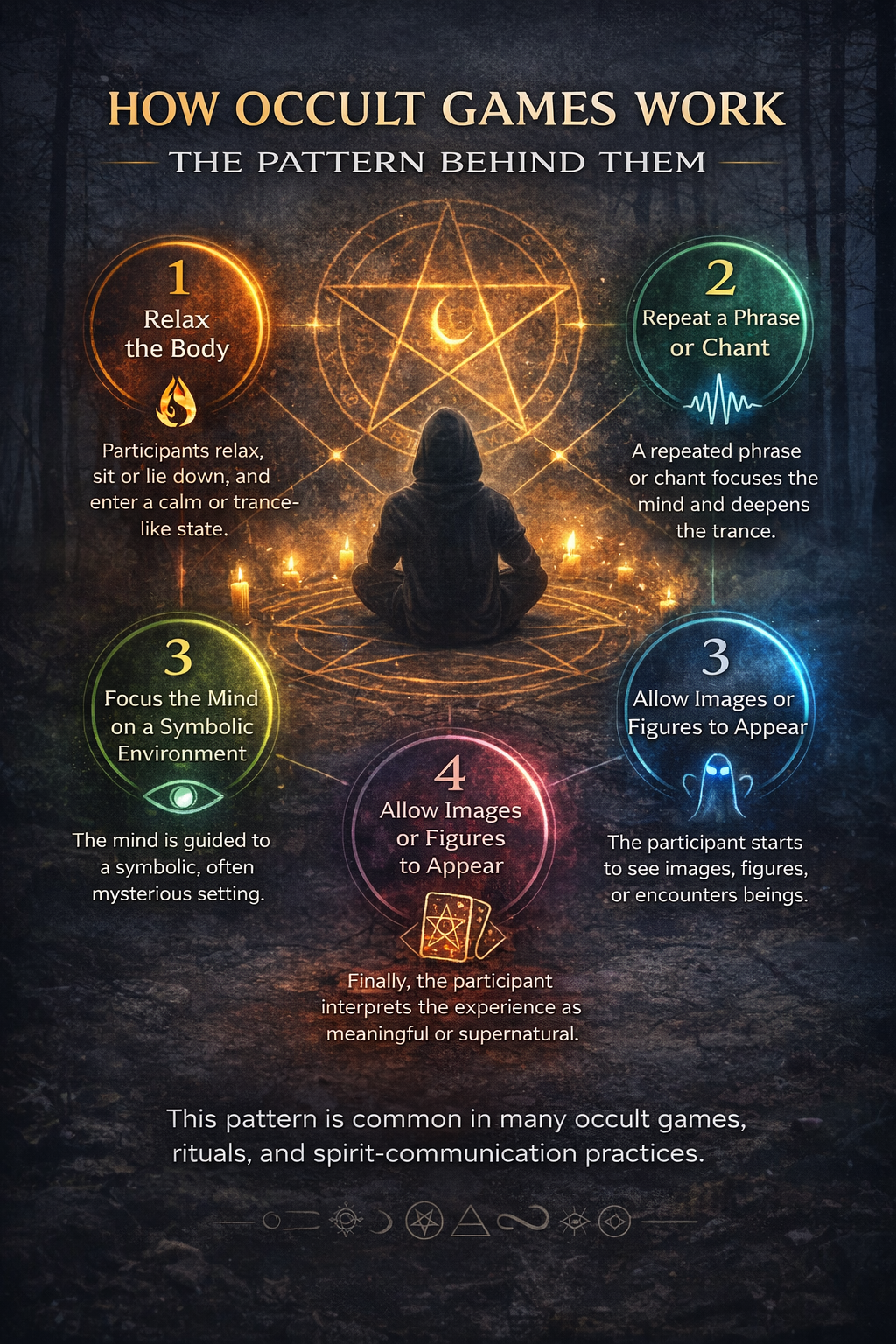 Diagram explaining how occult-style trance games work including relaxation, repetition and visualization techniques