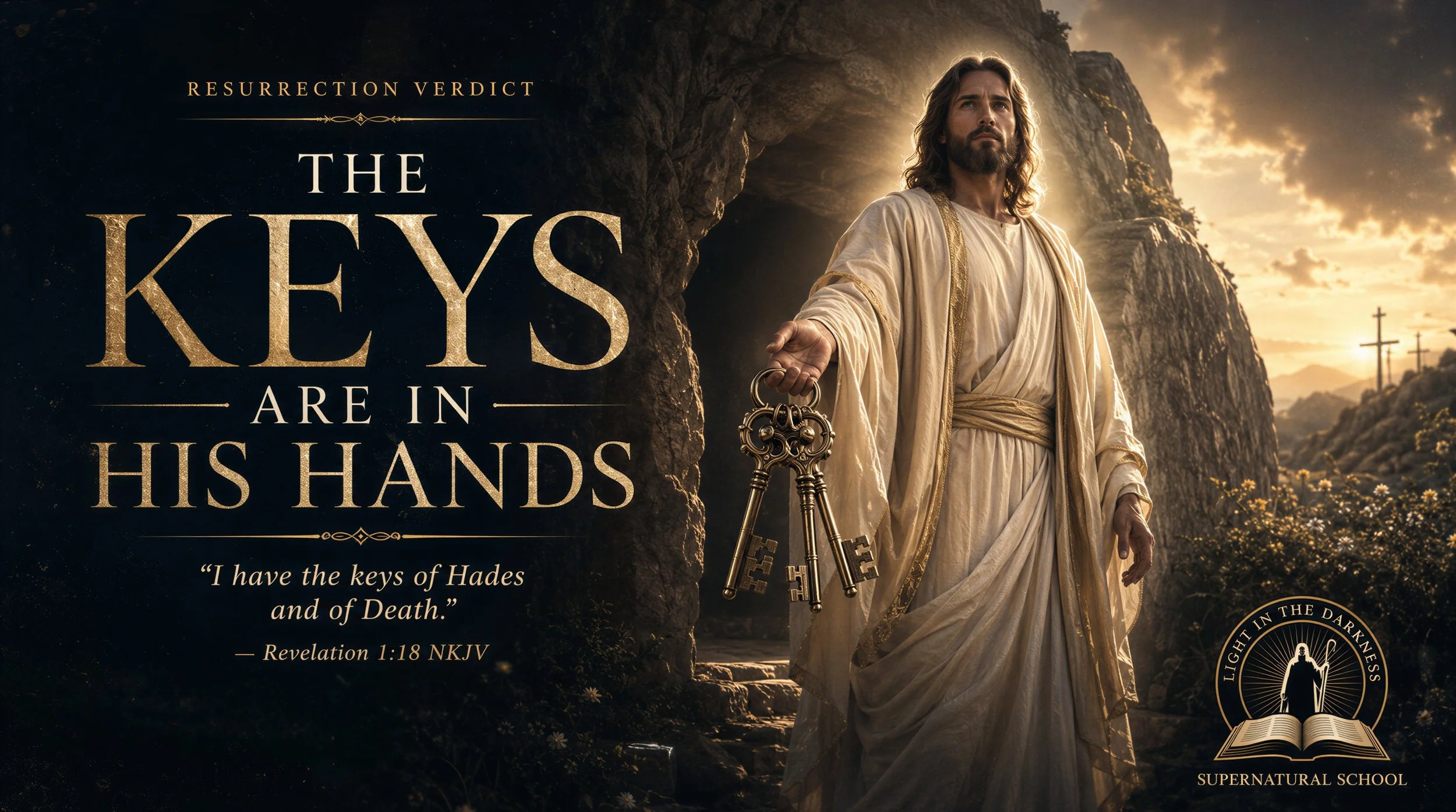 Jesus Christ standing outside the empty tomb holding keys, representing Revelation 1:18 and His authority over Hades and Death.