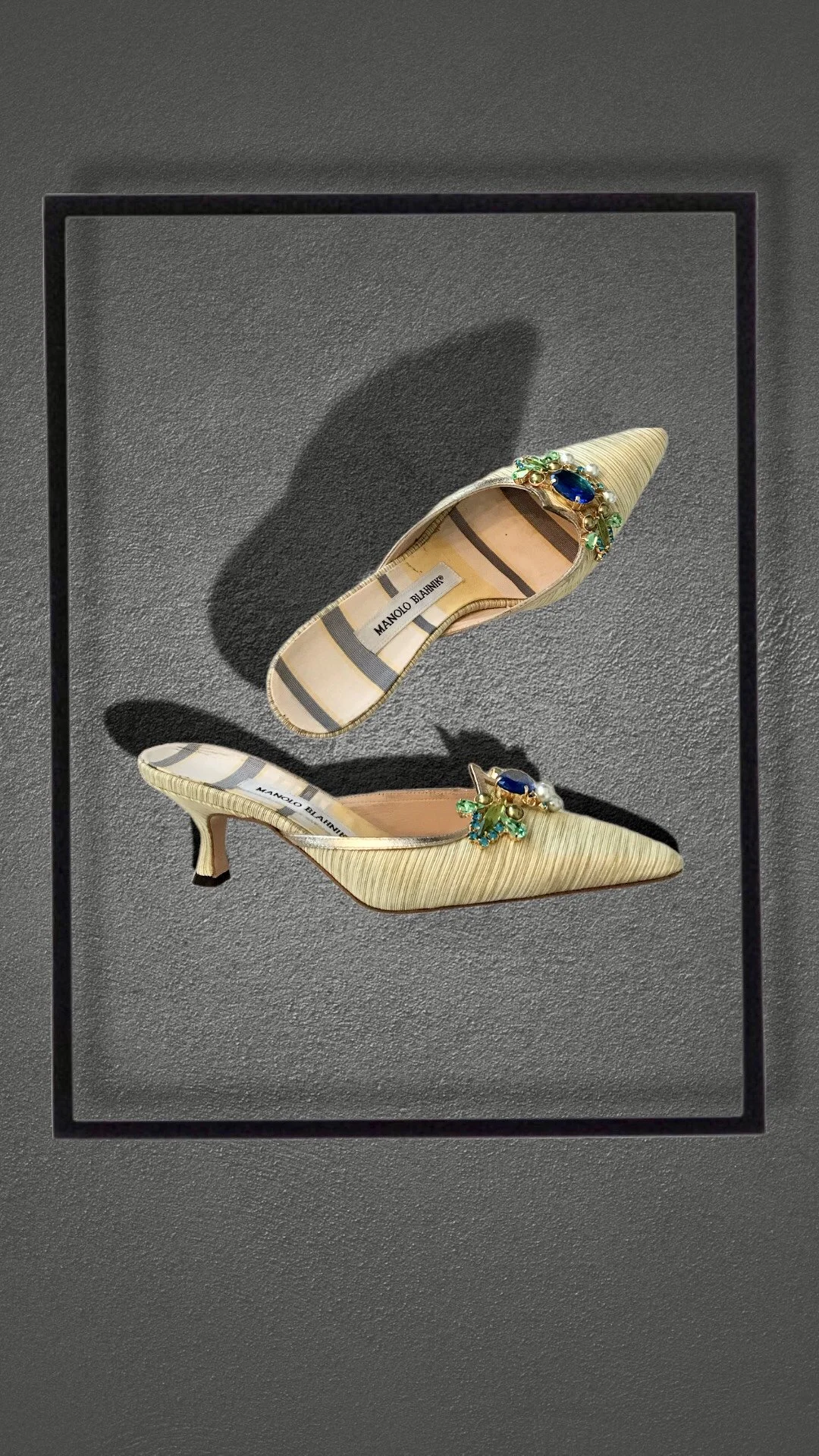 Manolo Blahnik Kitten Heel Satin Crystal Embellished Mules