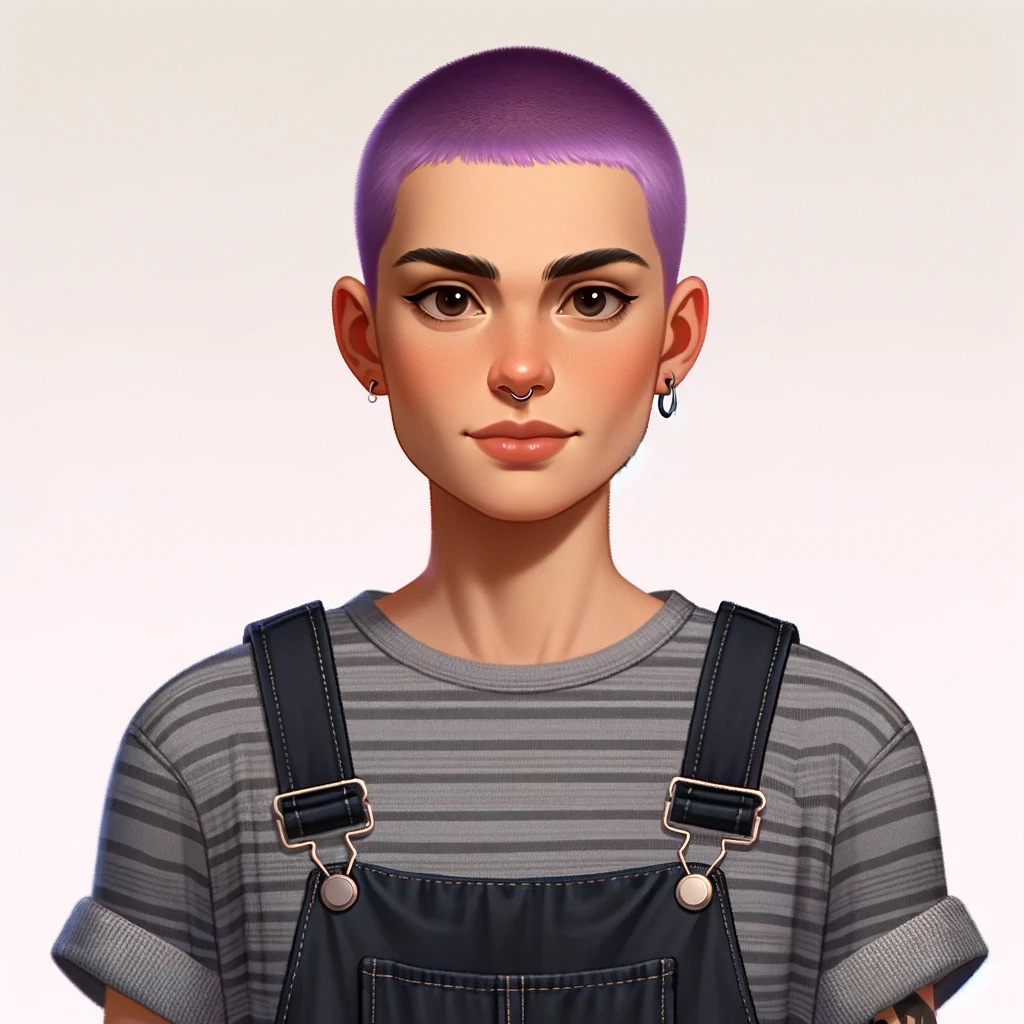 DALL·E 2024-02-28 12.29.40 - Create an avatar of a non-binary, 30-year-old individual with shaved purple hair, wearing dungarees. The avatar should capture a confident and modern .png