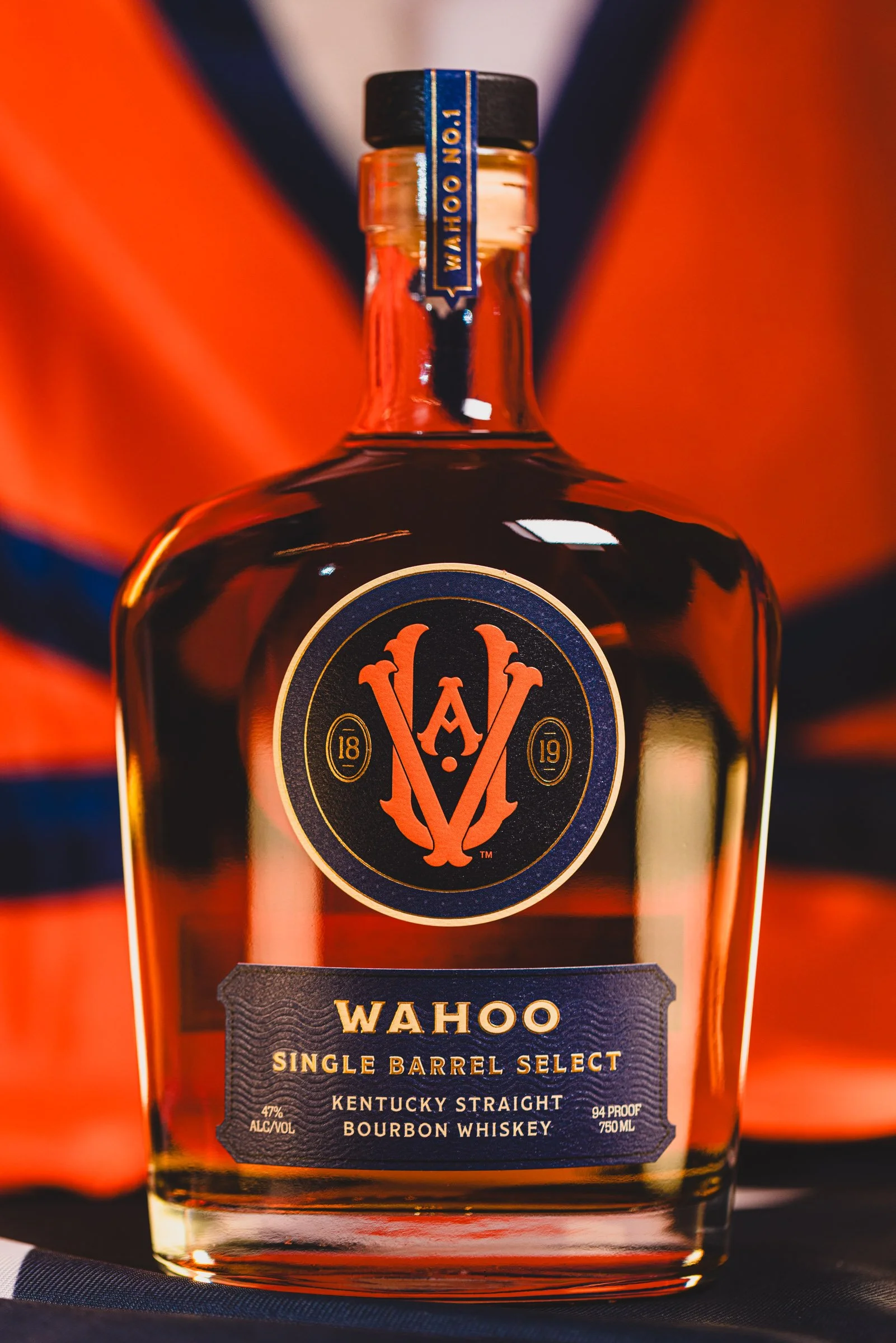 Centered photo of the High n' Wicked Wahoo No. 1 Single Barrel Kentucky Straight Bourbon Whiskey bottle, 6 Year Old, UVA Collaboration.