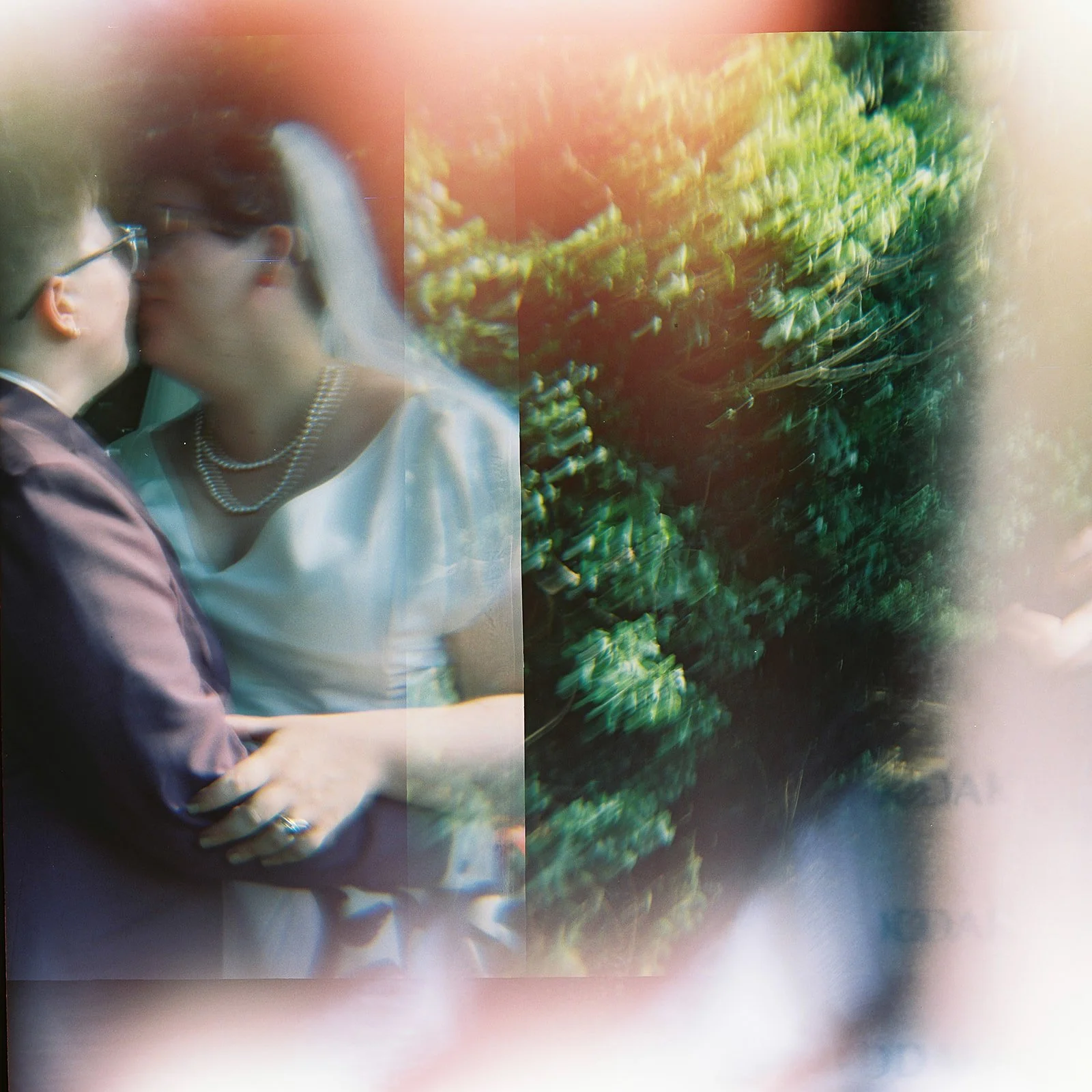 A couple dressed in wedding attire sharing a kiss, with a background of greenery and sunlight.