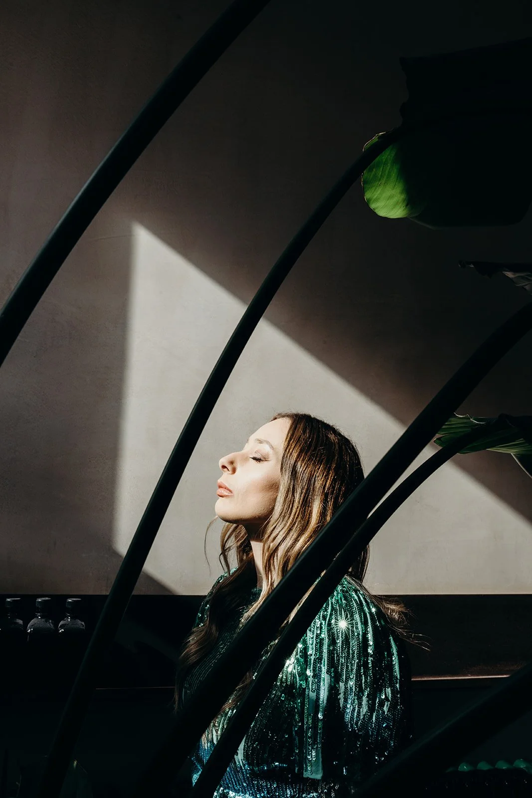 A woman in a shiny green dress with her eyes closed, sitting with sunlight casting a shadow on the wall behind her, framed partly by the dark stems of a plant in the foreground.
