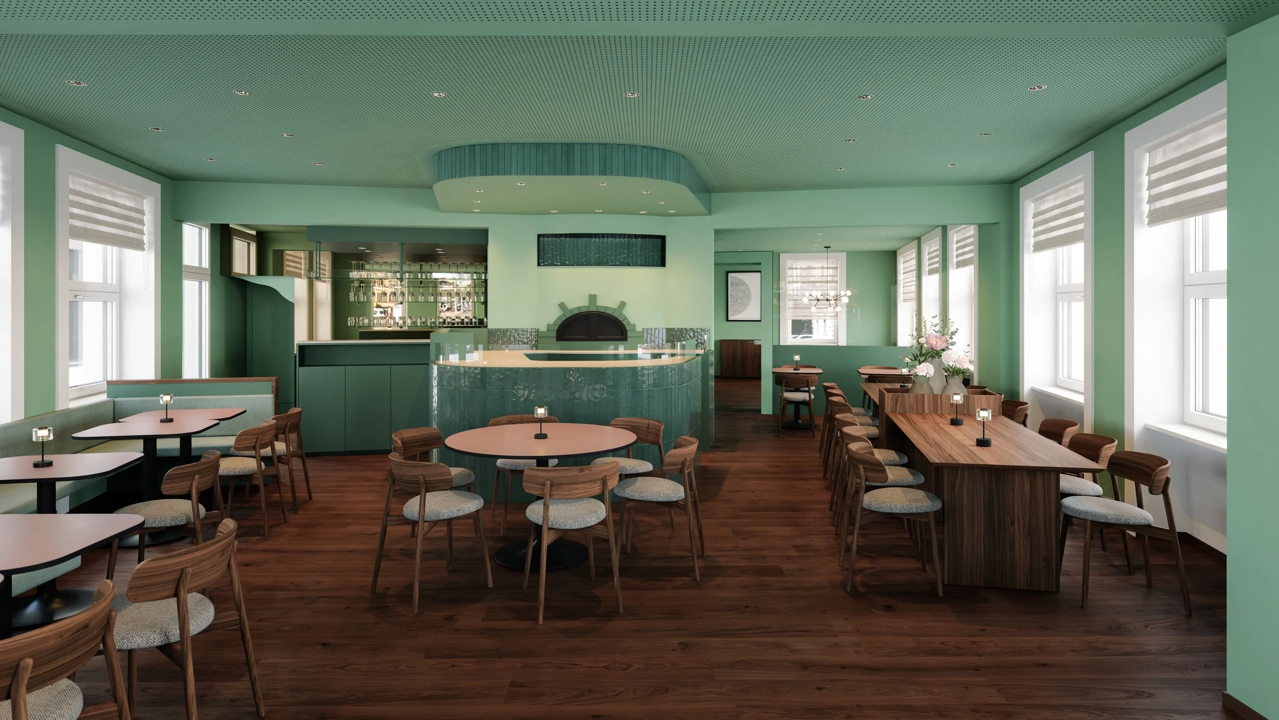 Restaurant Otto interior concept with green walls and ceiling, timber flooring and a mix of round and rectangular dining tables.