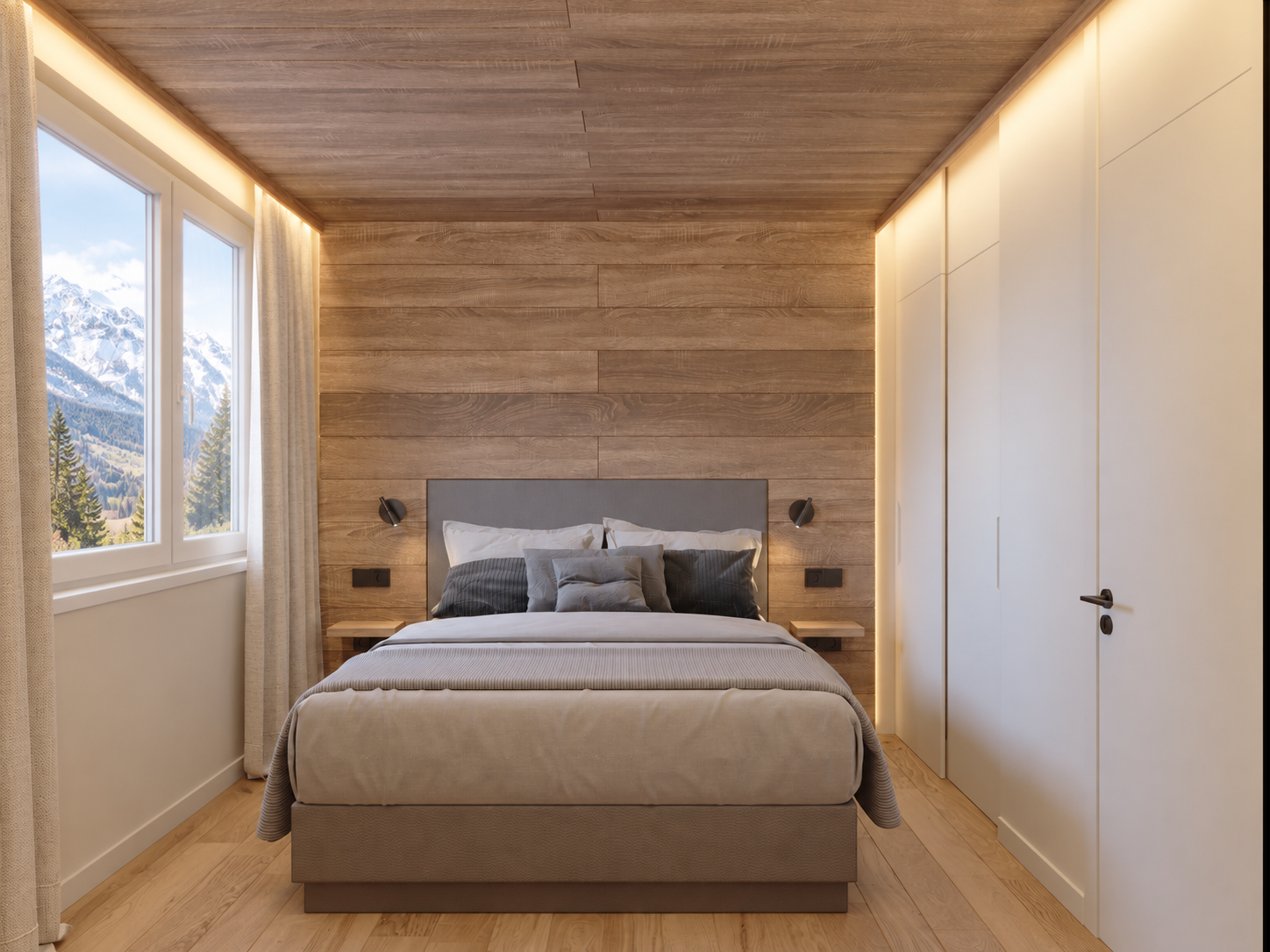 Wood-panelled bedroom with an enlarged window overlooking Alpine mountains