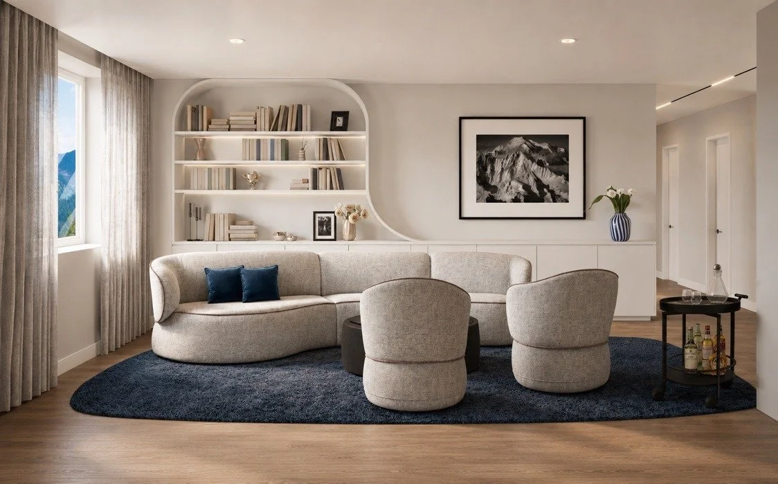 Penthouse lounge concept with textured seating, open shelving and framed artwork.