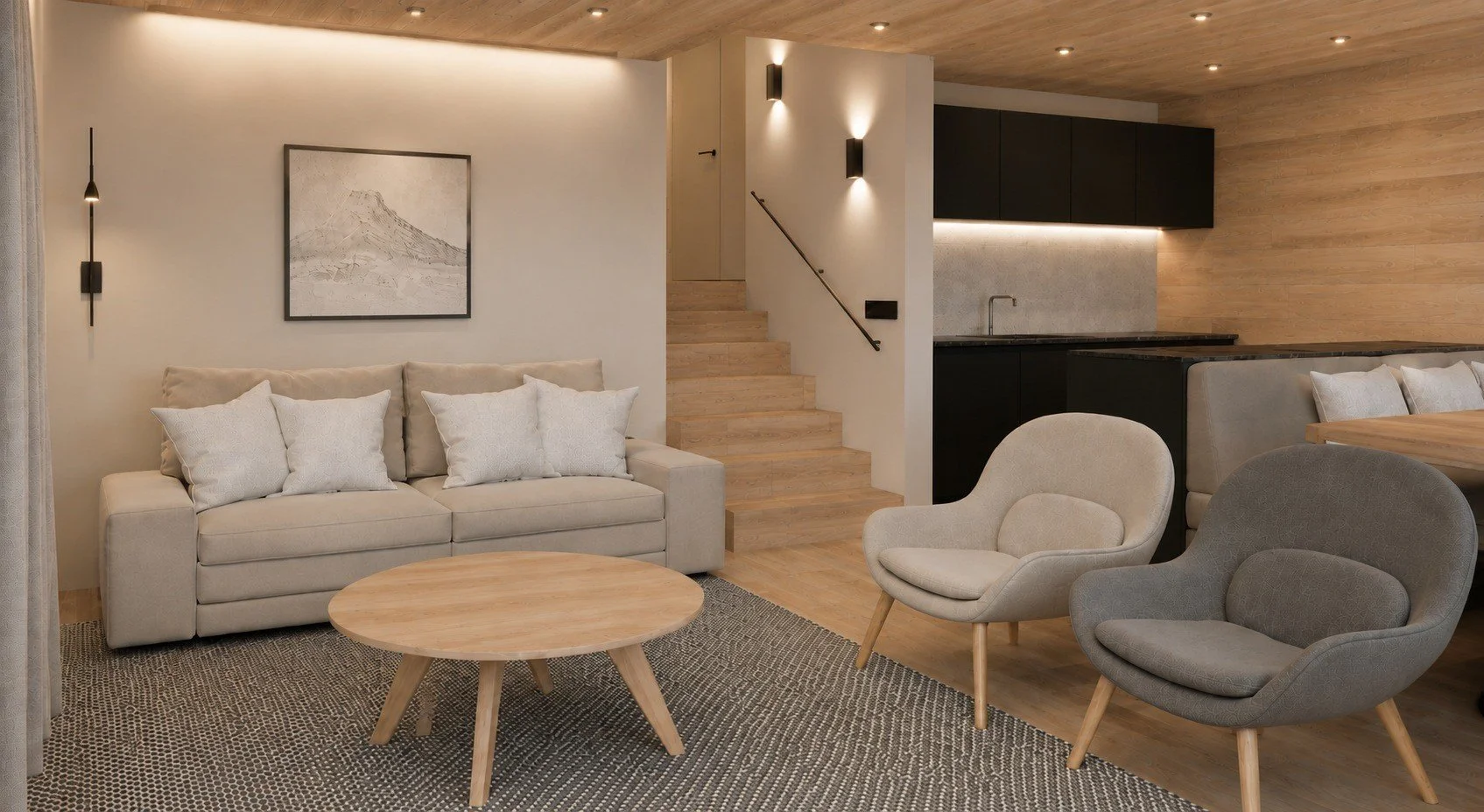 Holiday apartment lounge concept with pale seating, a timber coffee table and integrated shelving.