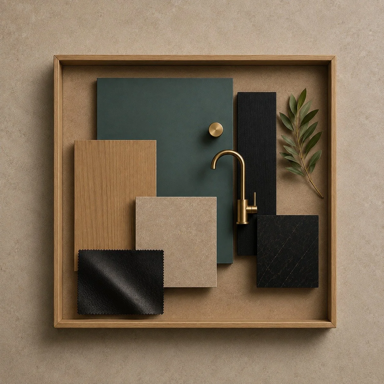 Duplex apartment material board with blue, timber, stone and dark finish samples.