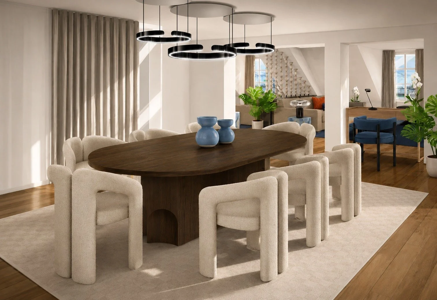 Lucerne family apartment dining concept with a sculptural timber table, cream upholstered chairs and circular pendant lights.
