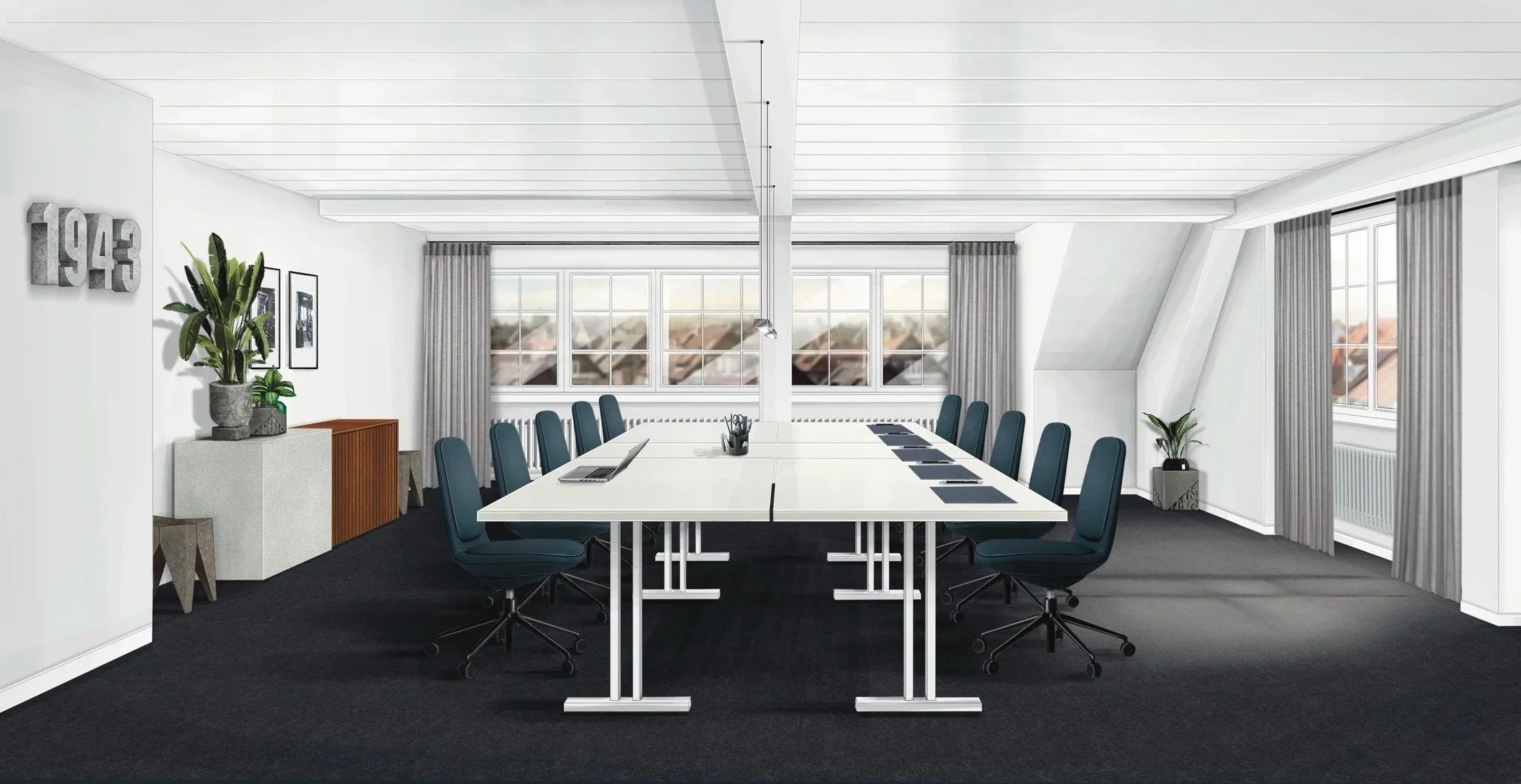 RWD Reppisch Werke office competition concept with rows of white desks, dark task chairs and a bright open workspace.