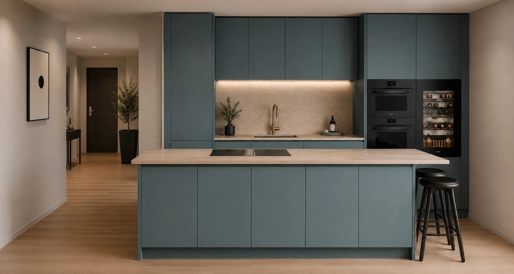 Zurich duplex kitchen concept with muted blue cabinetry, an island and integrated warm lighting.
