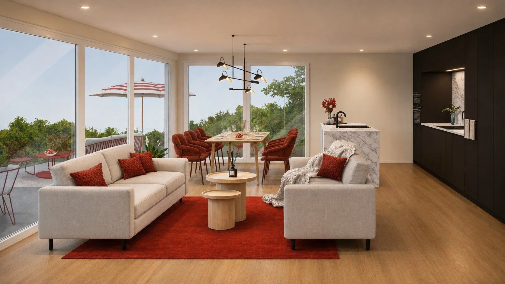 Horgen residence living area with pale sofas, a red rug, timber flooring and windows opening towards the terrace.